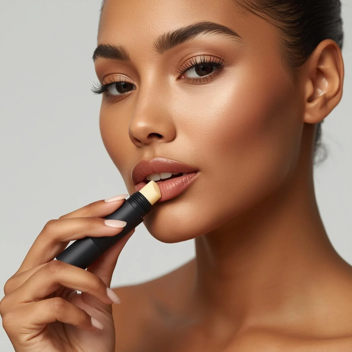 A native  woman with smooth skin, applying lip balm from a sleek, stylish container. The container is a modern, functional 4.5ml _ 0.15oz black lip balm tube with a snap-on cap and a ribbed turning wheel  (1).jpg