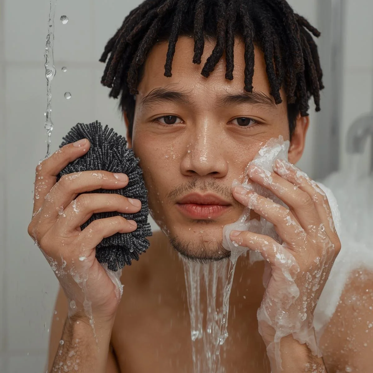 A serene portrait of a Chinese man with dreadlocks gently cleansing himself with fragrant shower gel and a textured black mesh sponge, surrounded by abundant lather. The scene is captured in soft, diffused li.jpg