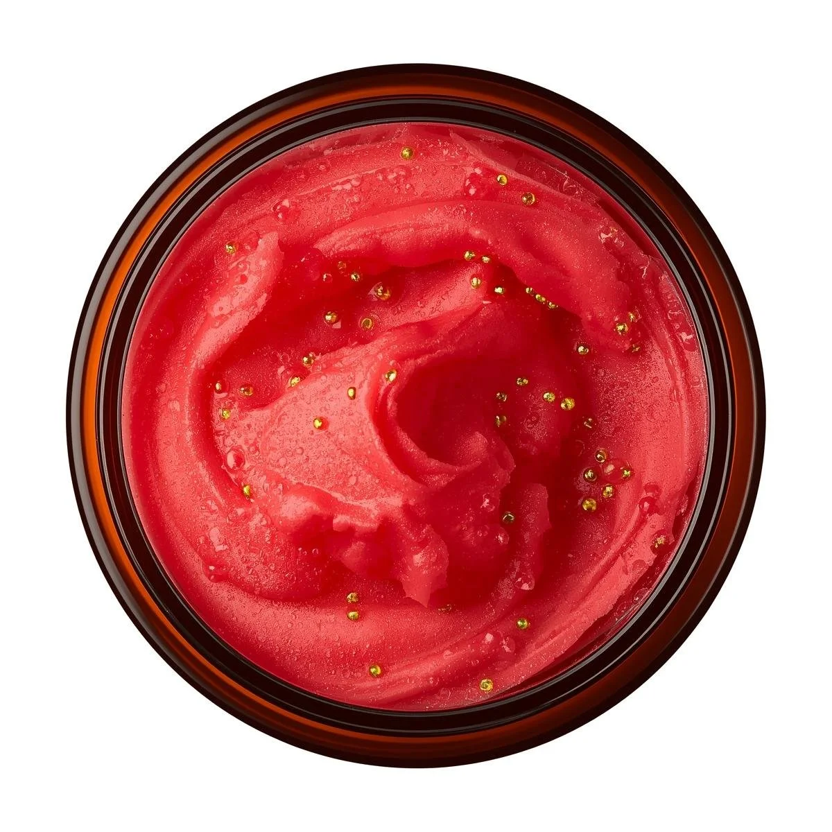 A top-down, slightly angled side view of an 8oz amber, straight-sided round PET plastic jar, filled with fluffy bright red whipped soap. Tiny, vibrant lime green jojoba beads are suspended within the soap, cr.jpg