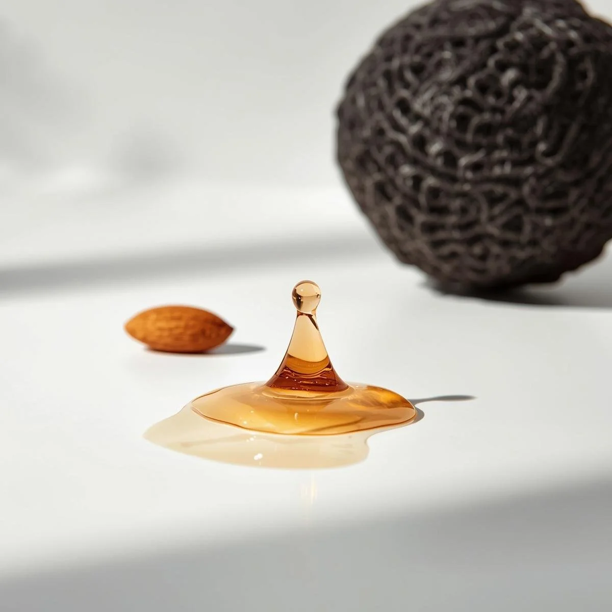 A viscous, translucent amber body wash droplet cascades in slow motion next to a single, and an almond on a clean, minimalist white surface. A textured, black mesh shower sponge is softly blurred in the backg.jpg
