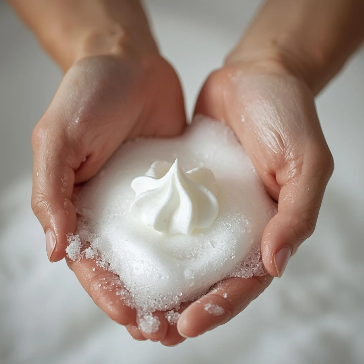 A close-up, still life photograph capturing hands gently washing with a small amount of frothy white  colored whipped soap, emphasizing the delicate textures and foamy lather. The lighting is soft and diffuse.jpg