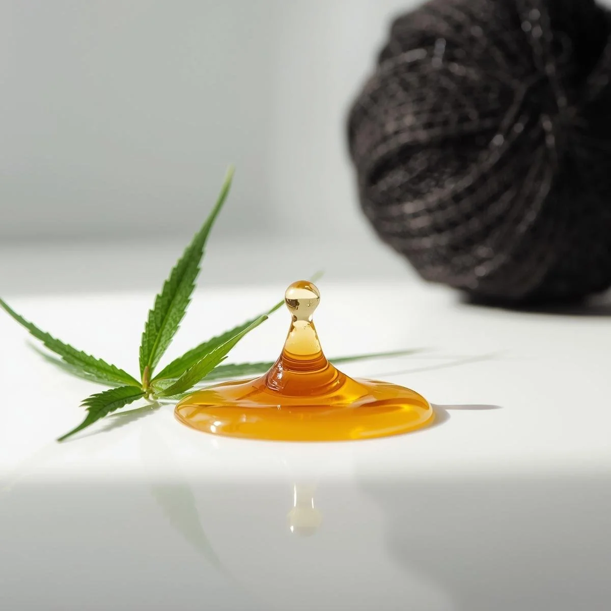 A minimalist and clean photography style. A viscous, translucent amber body wash droplet cascades in slow motion next to a single. Hemp Leaf on a clean, white surface. A textured, black mesh shower sponge is .jpg