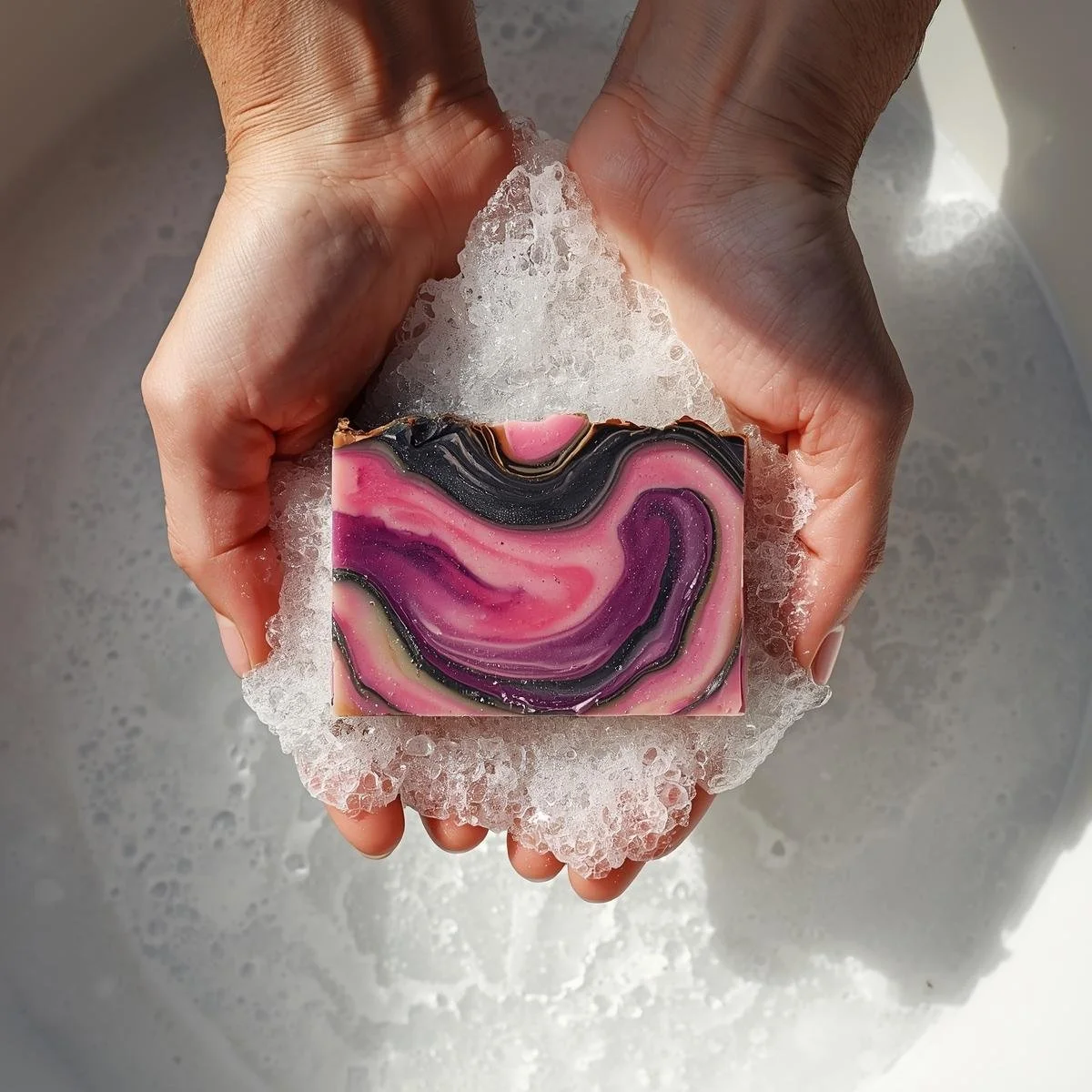 WASHING HANDS WITH HANDMADE MAGENTA AND BLACK SWIRLED SHEA BUTTER SOAP BAR.jpg