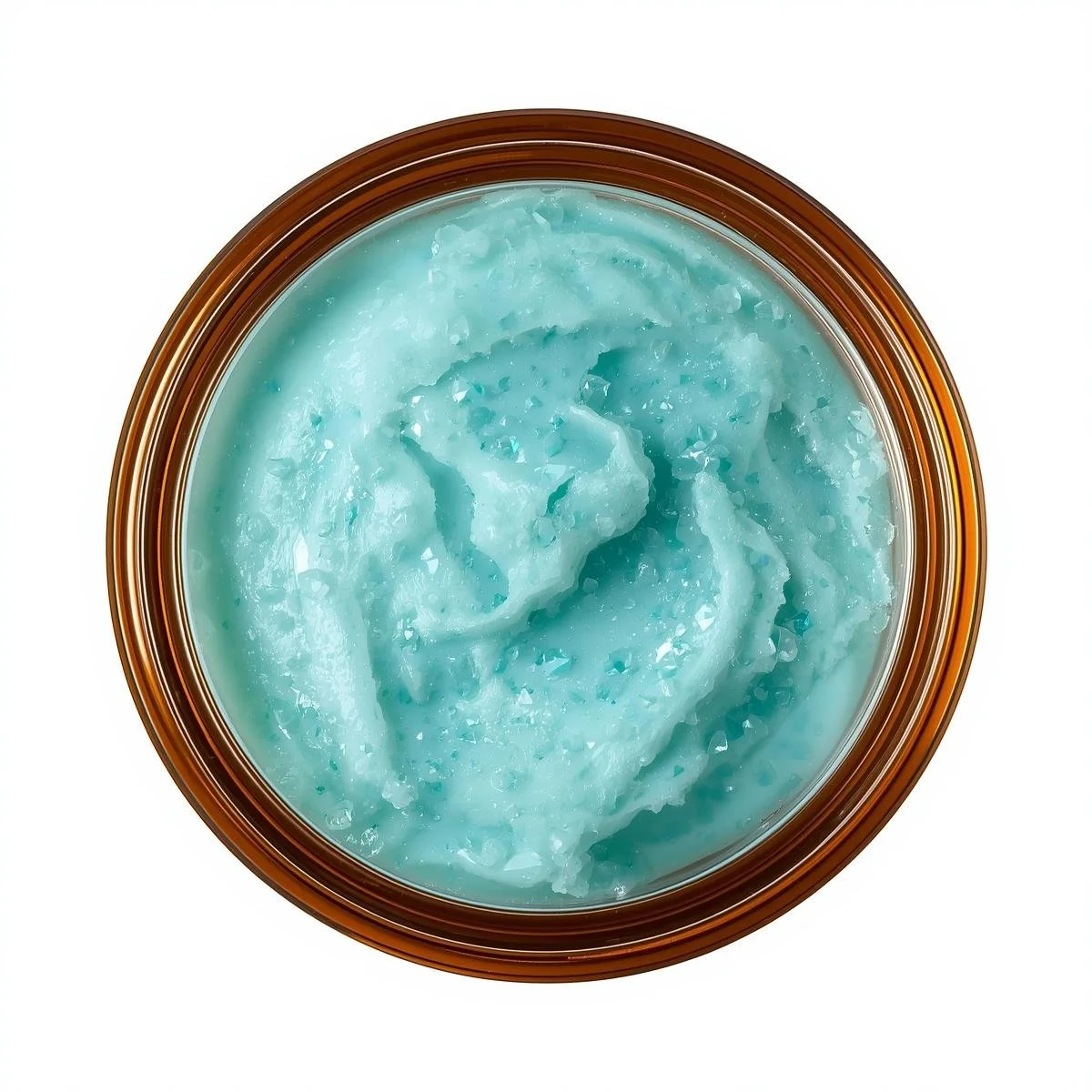 A top-down, slightly angled side view captures an 8oz amber, straight-sided round PET plastic jar. The jar is filled to the brim with fluffy, turquoise blue whipped sugar scrub, its texture highlighted by sus.jpg
