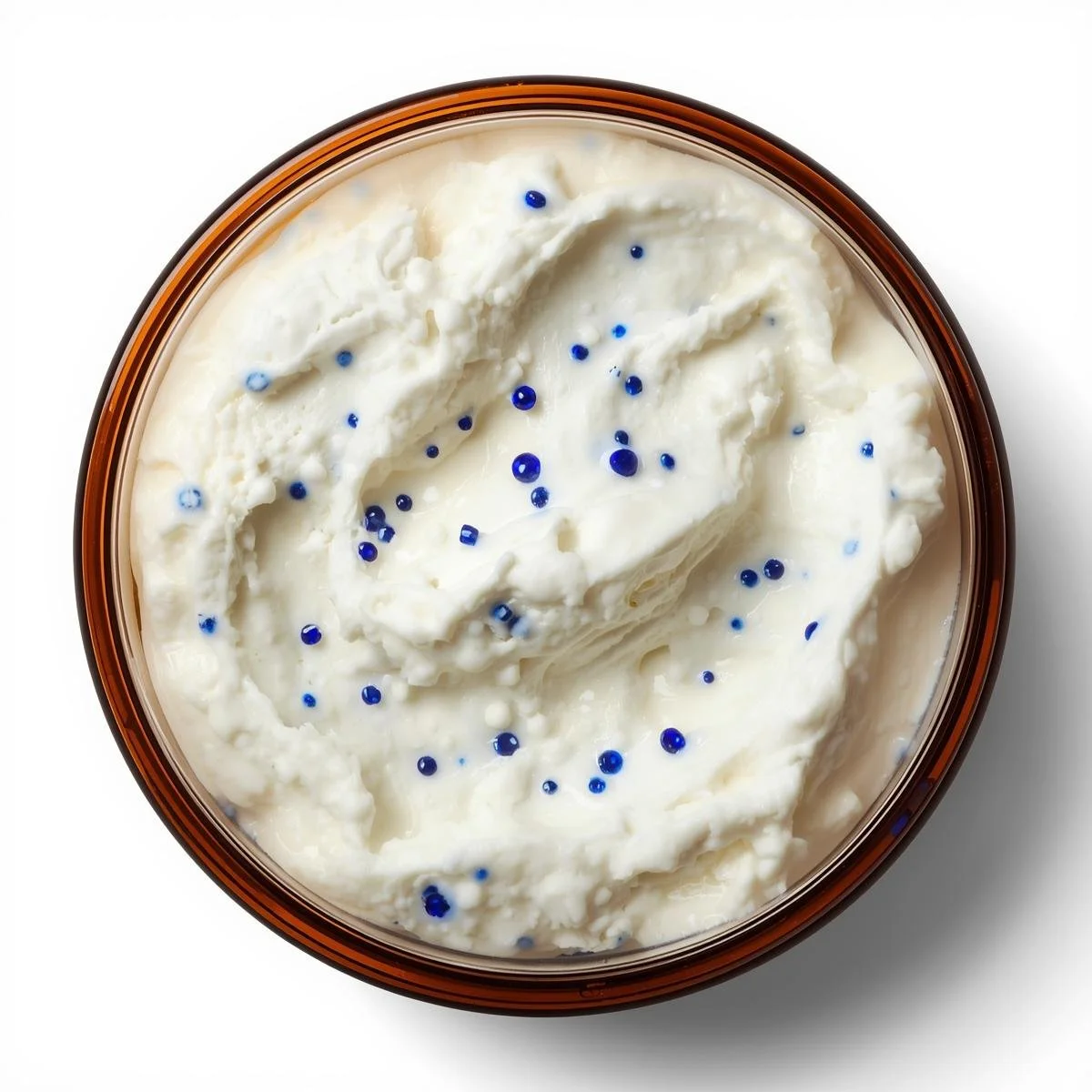 I need a 8oz Amber Straight Sided round Jar top side view with white whipped soap inside include tiny royal blue jojoba beads as it provides a professional and upscale packaging option for products such as .jpg
