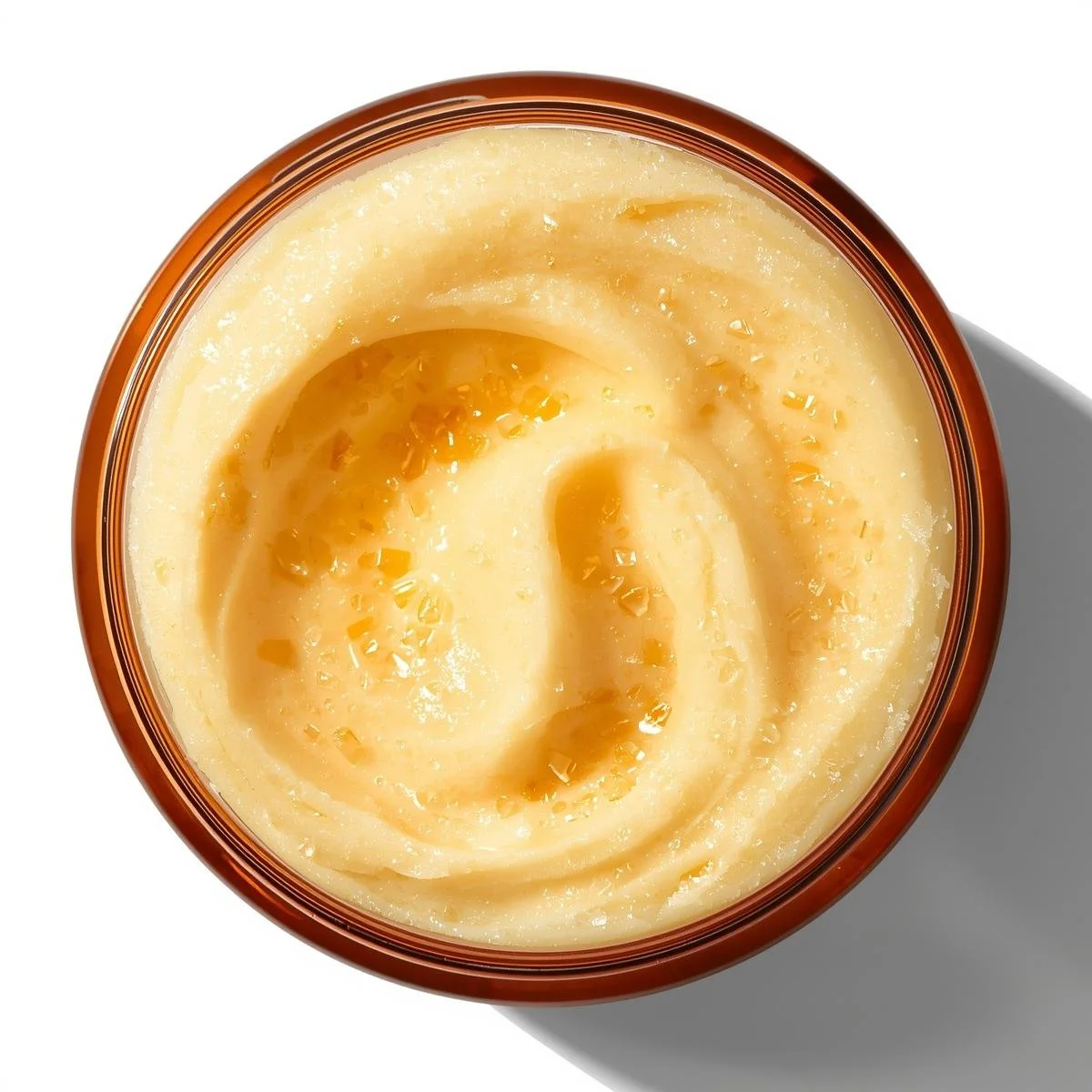A top-down, slightly angled side view of an 8oz amber, straight-sided round PET plastic jar, filled with fluffy yellow whipped sugar scrub. Tiny, glistening sugar crystals are suspended within the scrub, crea.jpg