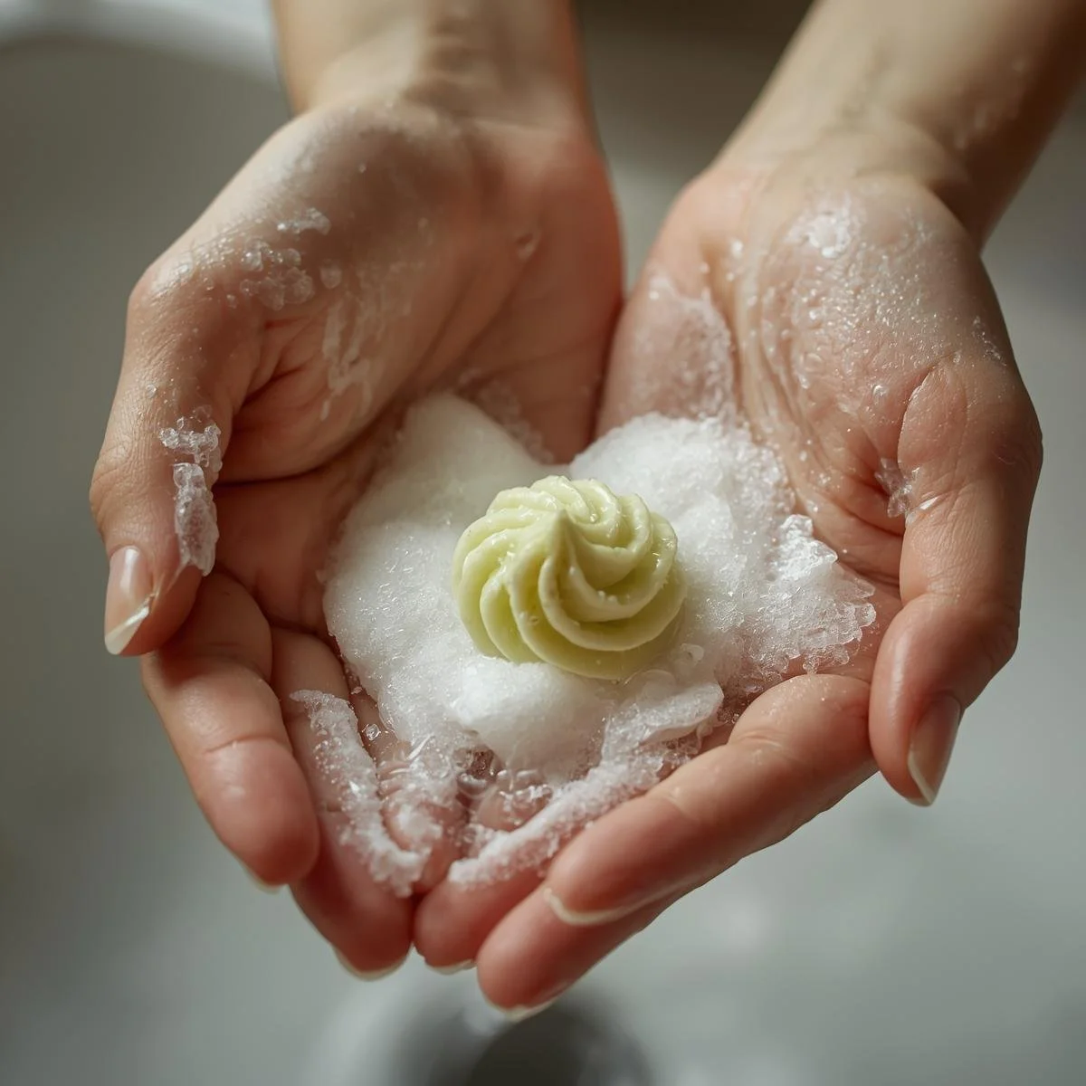 A close-up, still life photograph capturing hands gently washing with a small amount of frothy, lime green  whipped soap, emphasizing the delicate textures and foamy lather. The lighting is soft and diffused,.jpg
