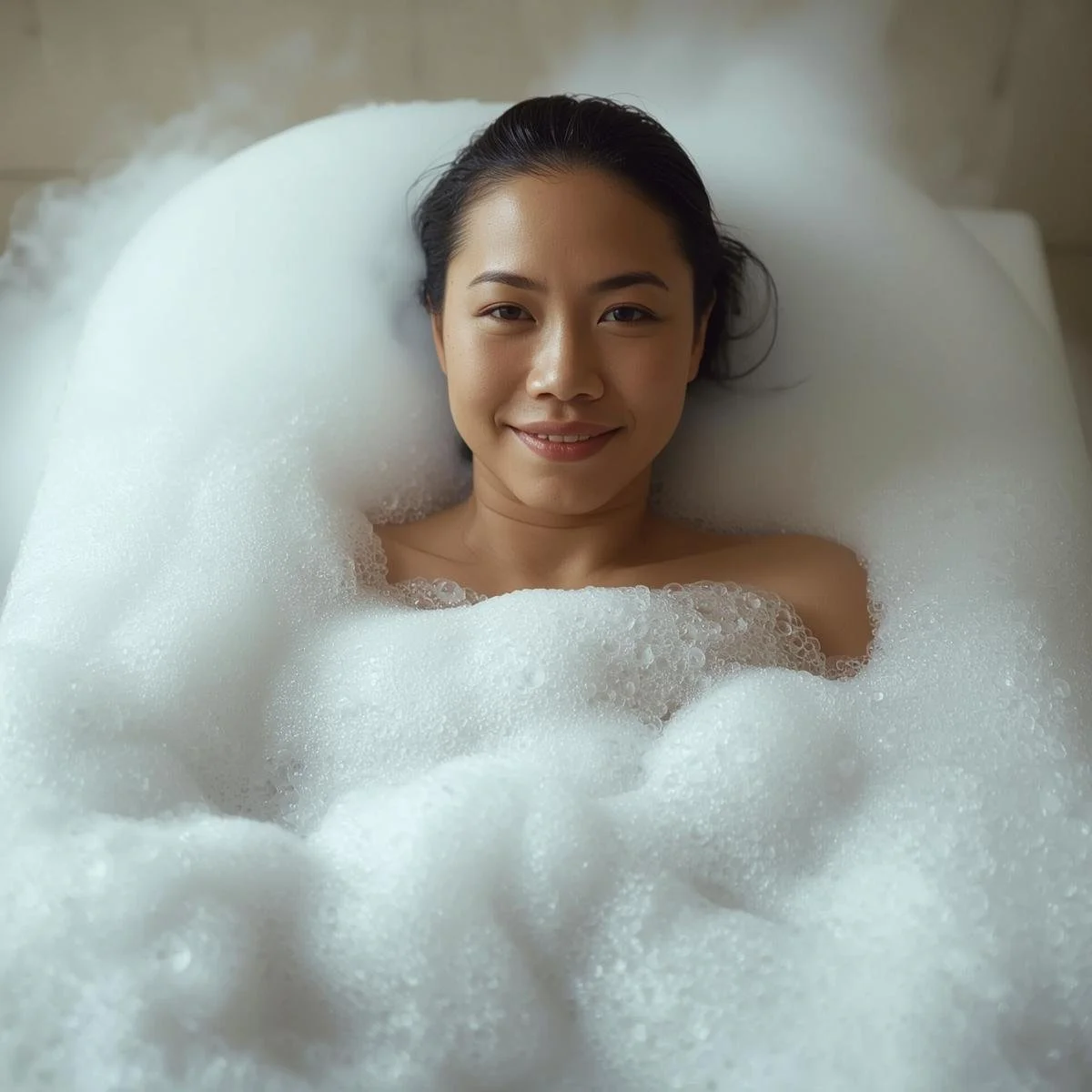 A woman taking a bath with bubbles.jpg