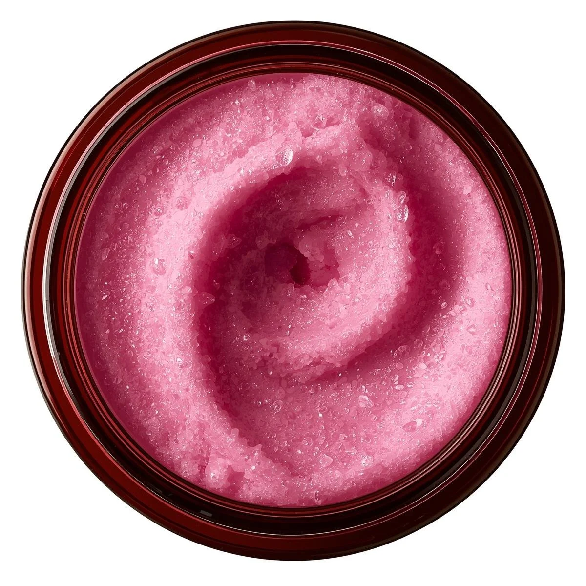 A top-down, slightly angled side view captures an 8oz amber, straight-sided round PET plastic jar. The jar is filled to the brim with fluffy, magenta whipped sugar scrub, its texture highlighted by suspended,.jpg