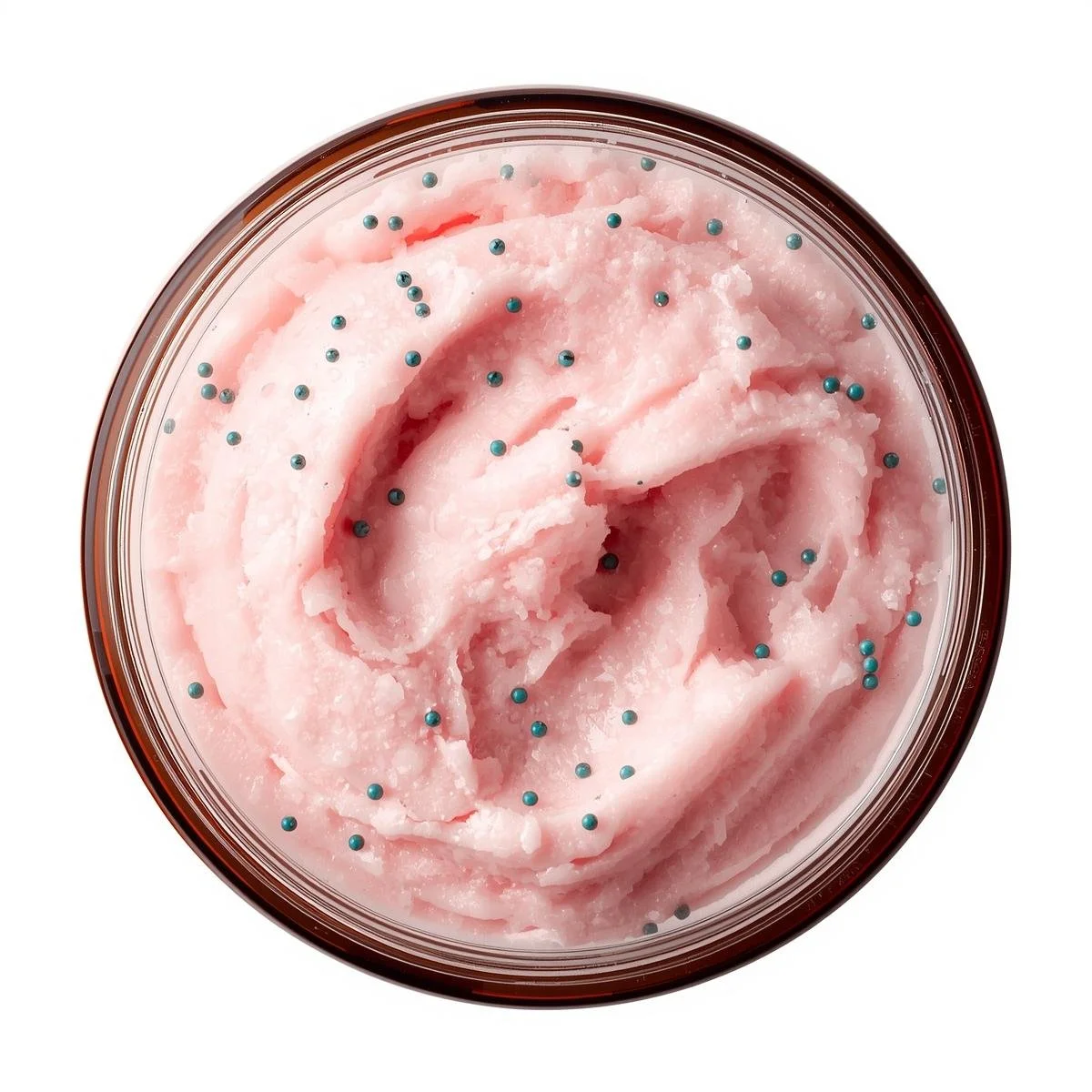 I need a 8oz Amber Straight Sided round Jar top side view with pink whipped soap inside include tiny teal jojoba beads as it provides a professional and upscale packaging option for products such as bath s.jpg