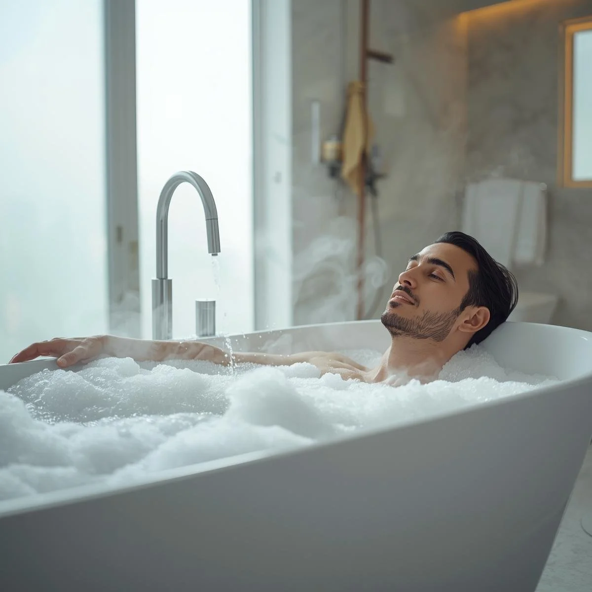 A serene Arabic man relaxing in a bathtub filled with white, fluffy bubbles, warm steam gently rising, in a dimly lit, elegant bathroom..jpg
