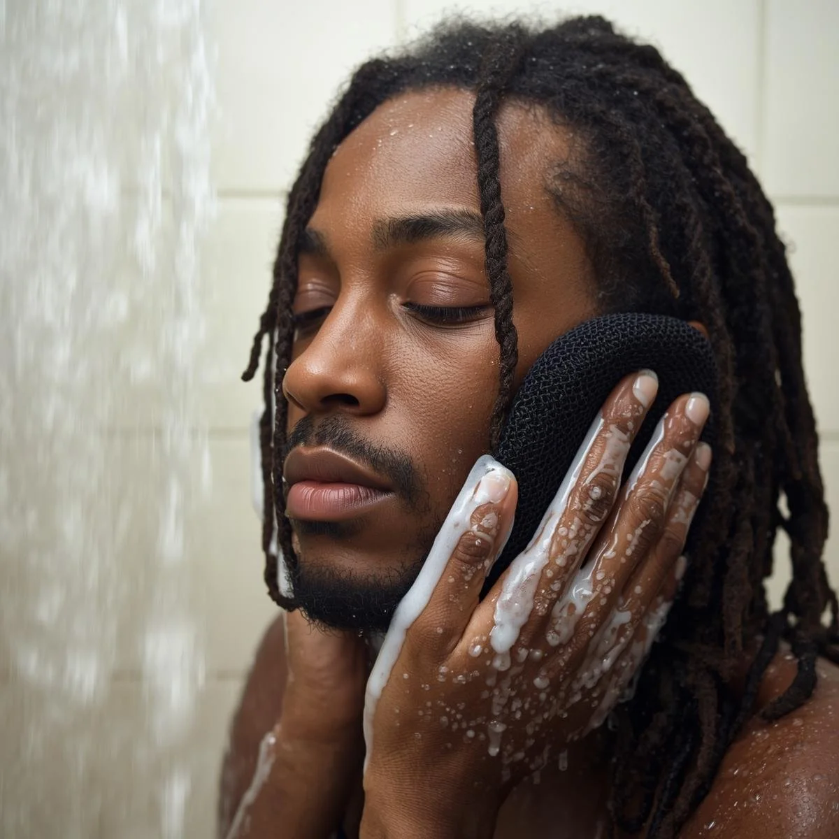 A serene portrait of a man with dreads  gently cleansing herself with fragrant shower gel and a textured black mesh sponge. The scene is captured in soft, diffused lighting, highlighting the natural flow of w.jpg