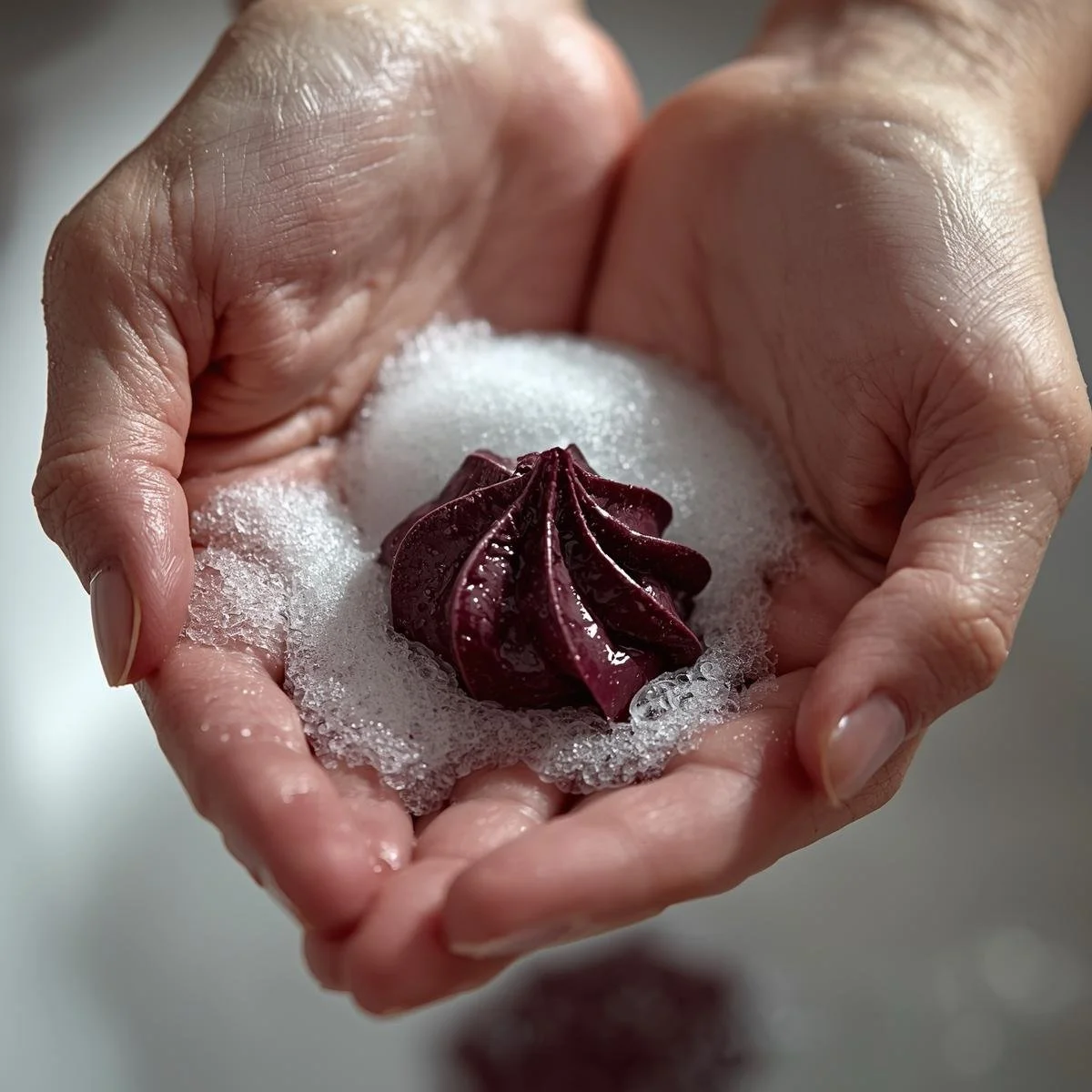 A close-up, still life photograph capturing hands gently washing with a small amount of frothy, dark purple whipped soap, emphasizing the delicate textures and foamy lather. The lighting is soft and diffused,.jpg