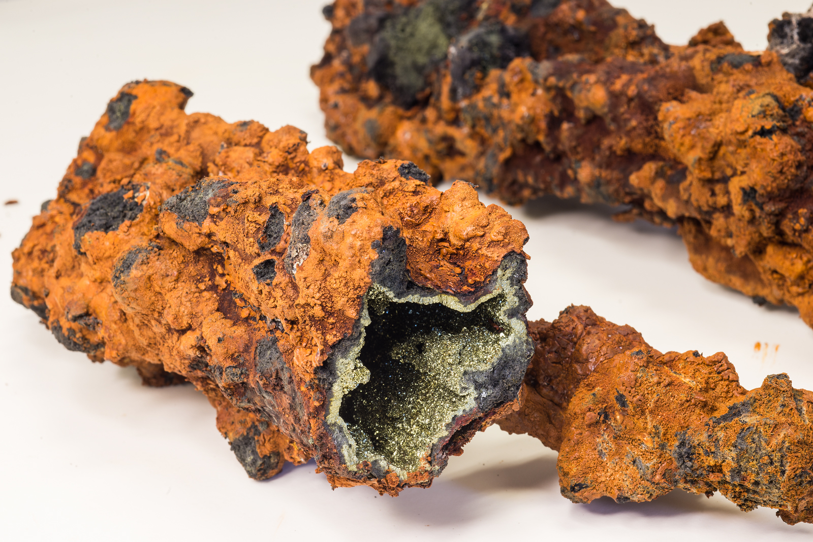 Two pieces of a hydrothermal chimney in the laboratory.