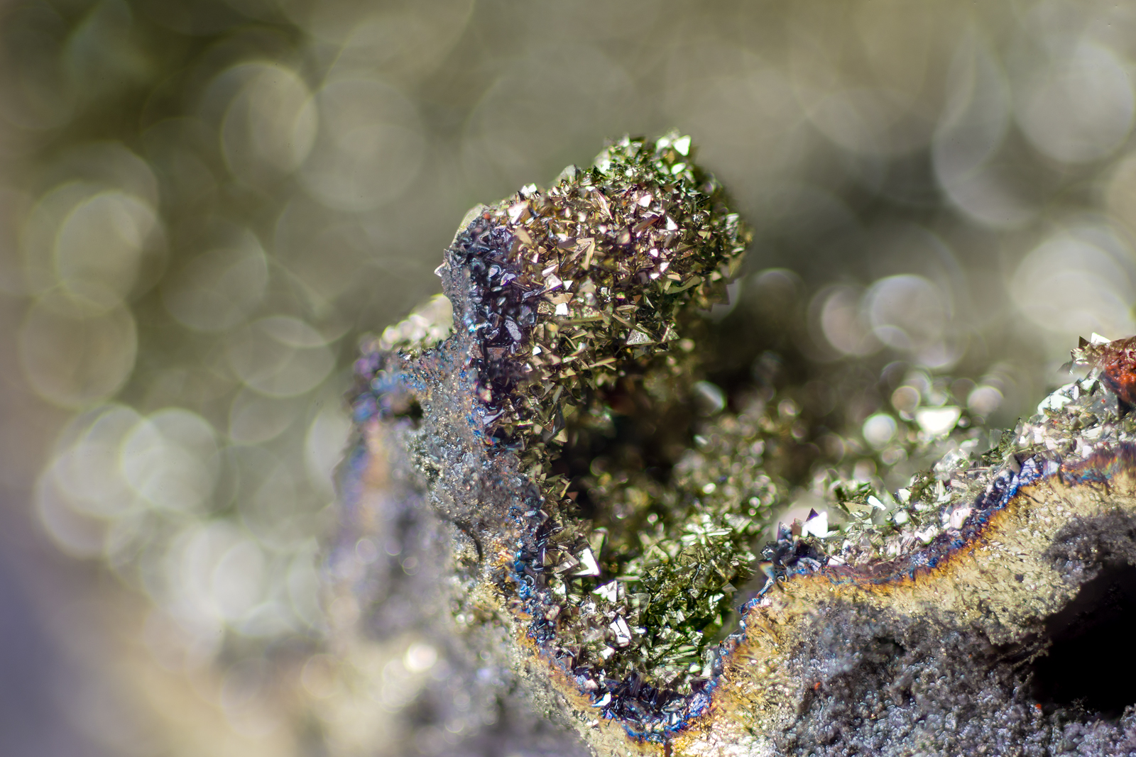 Closeup of chalcopyrite crytals covering the inside of a chimney.