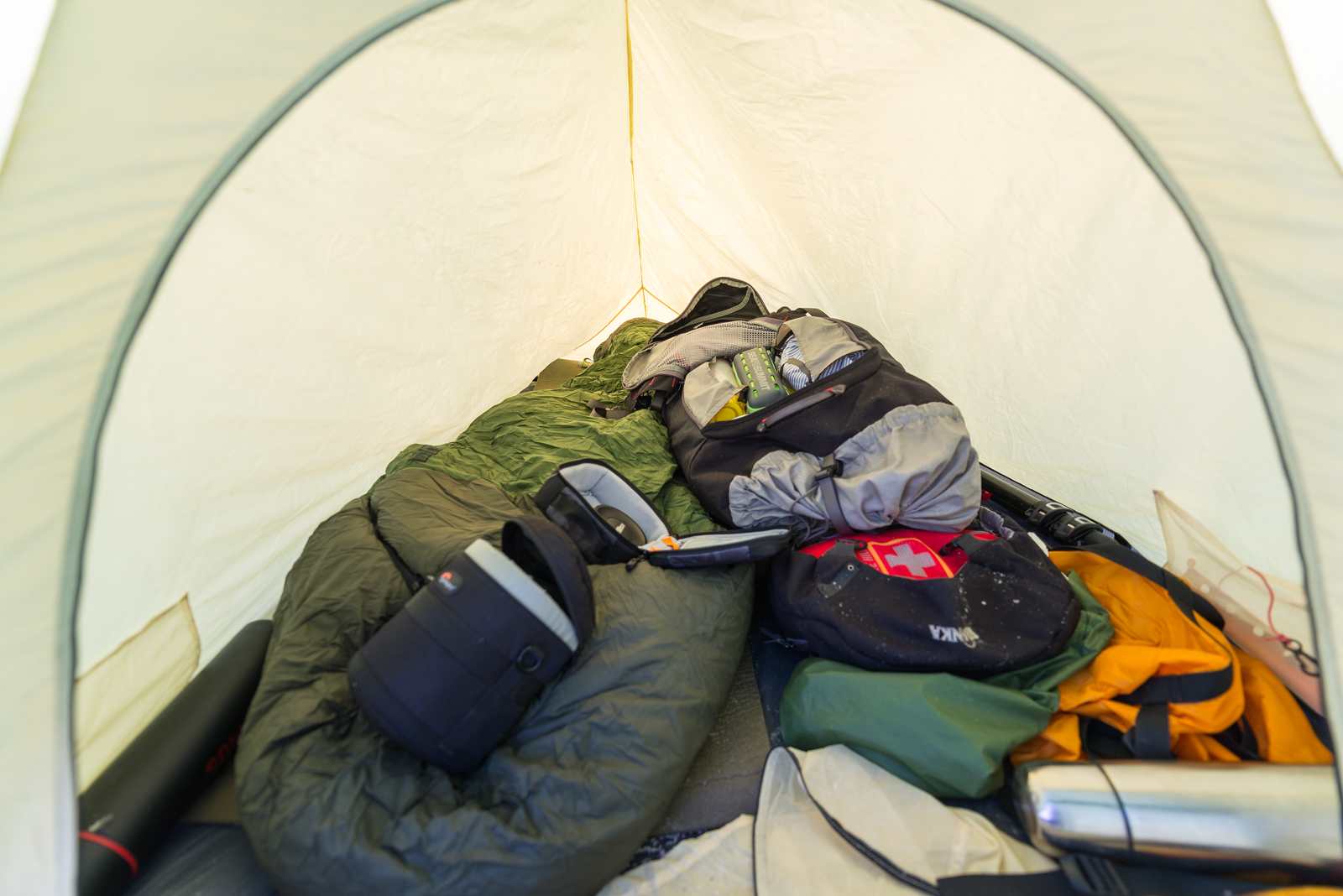 Inside my tent - it´s small, but it fits me and my backpack well.