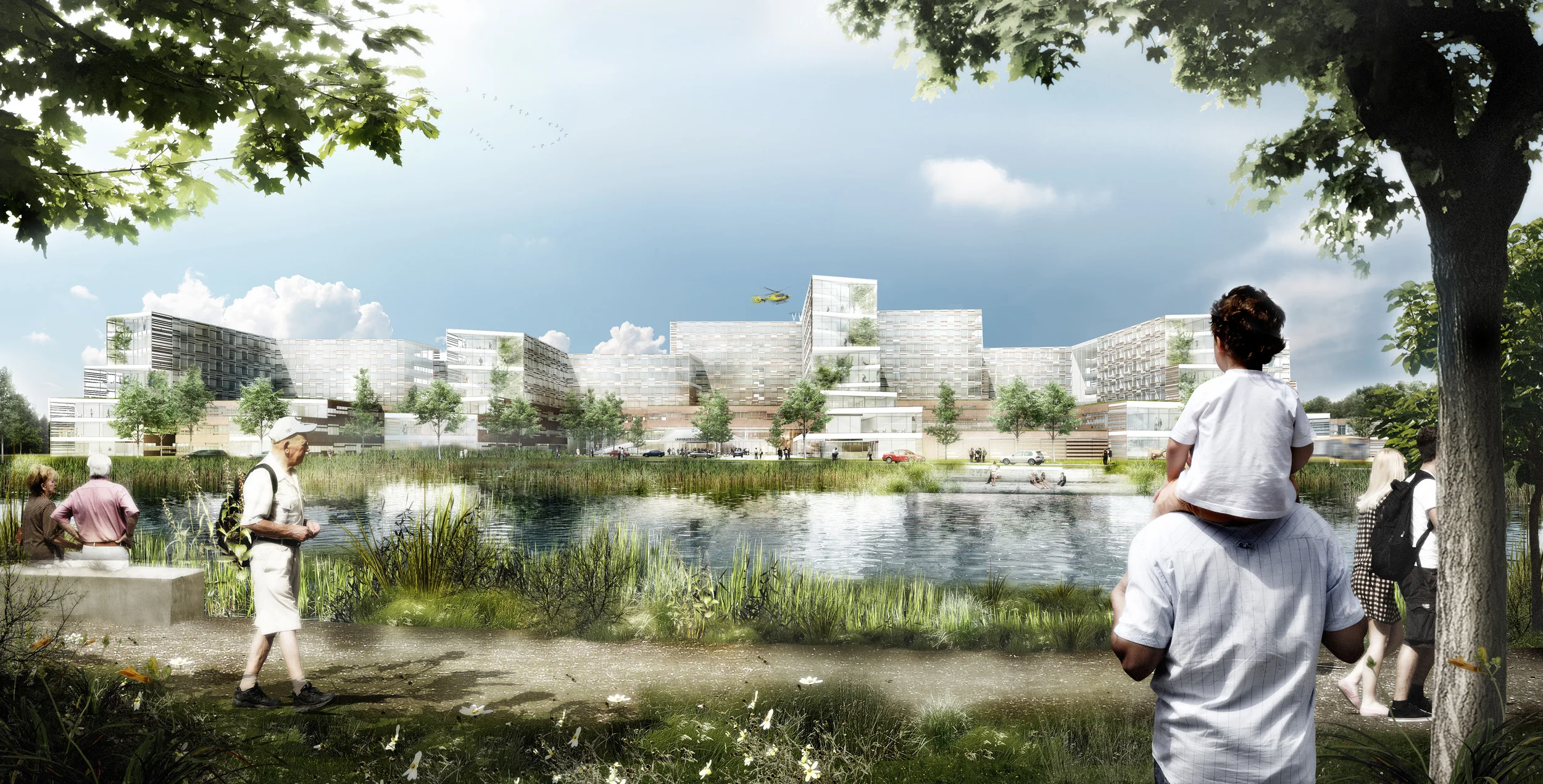 Illustration af det nye universitetssygehus i Køge, som C.F. Møller har skabt sammen med blandt andre CUBO Arkitekter, Gehl Architects. Illustration: USK