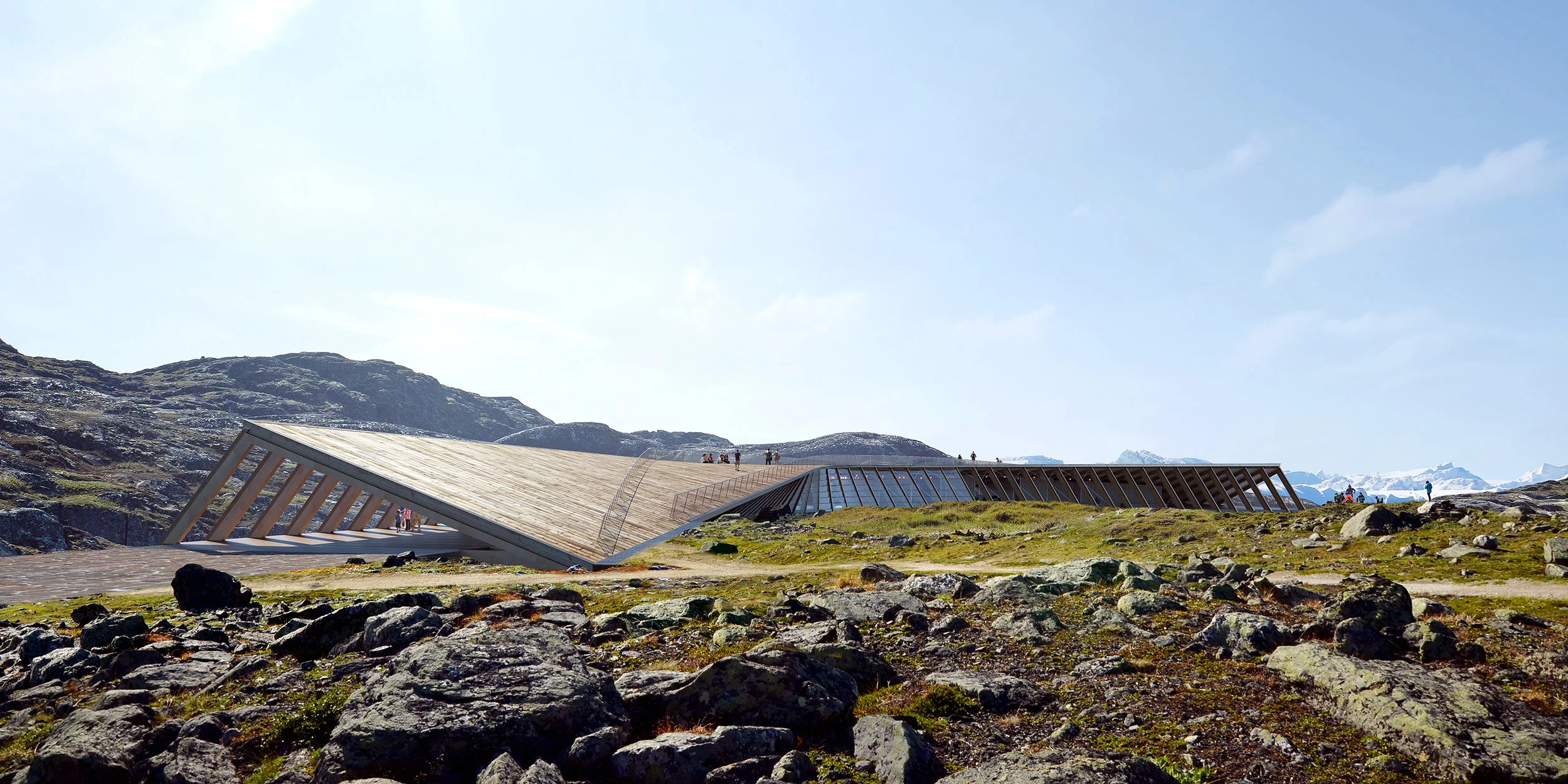 Rendering fra Dorte Mandrup arkitekter af Isfjordscentret, hvor man ser, hvordan taget udformes som en sti, der formidler overgangen til selve Ilulissat isfjord.