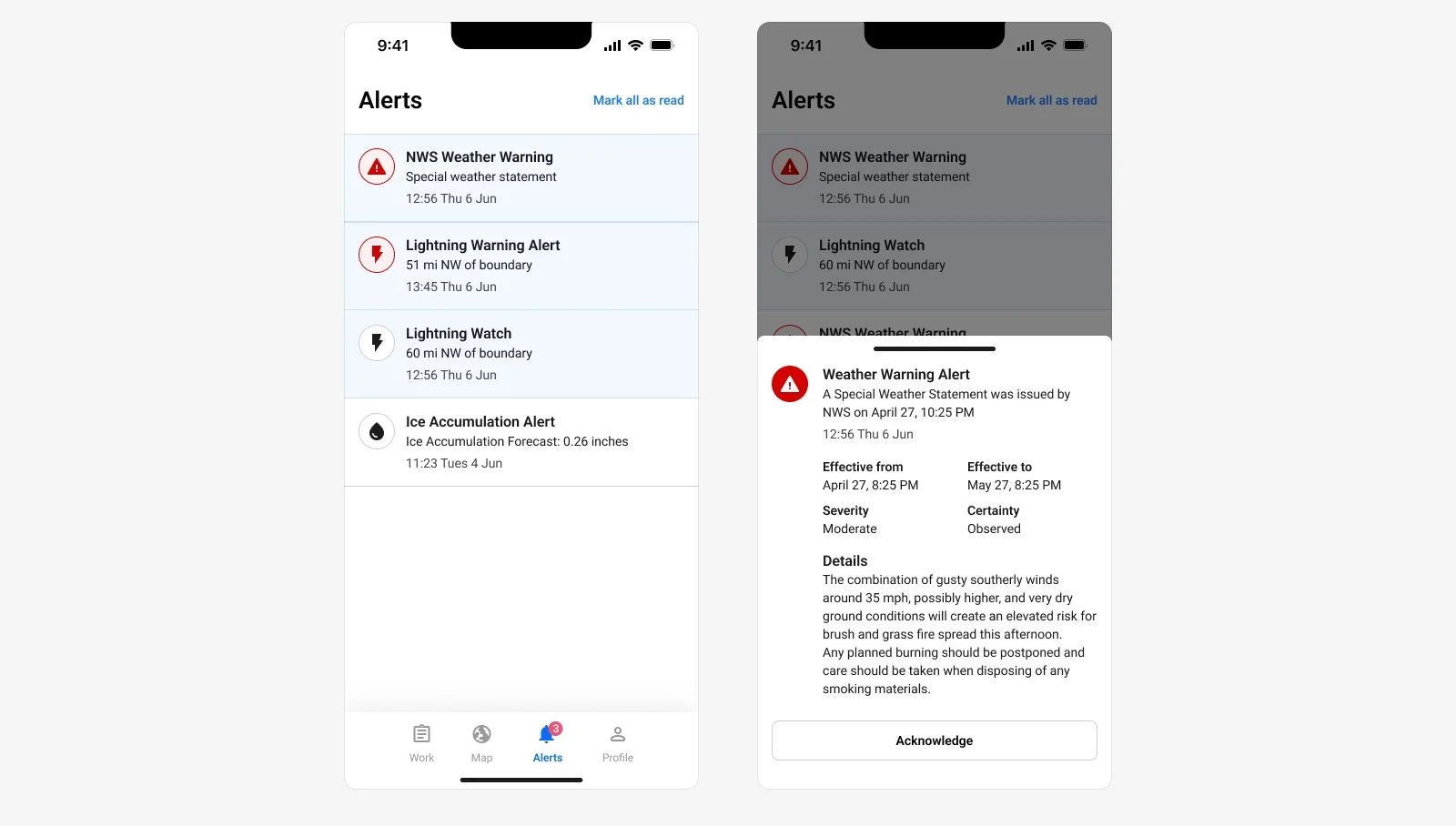 Mobile weather alert app screen showing multiple alerts including a weather warning, lightning warnings, and ice accumulation alert, with detailed views of a weather warning alert.