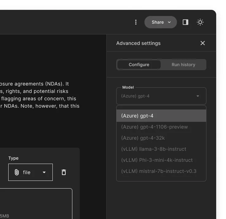 Screenshot of a computer screen showing advanced settings for selecting a GPT model, with options including Azure GPT-4, GPT-4-1106 preview, GPT-4-32k, Llama-3-8b-instruct, Phi-3-mini-4k-instruct, and Mistral-7b-instruct-v0.3.