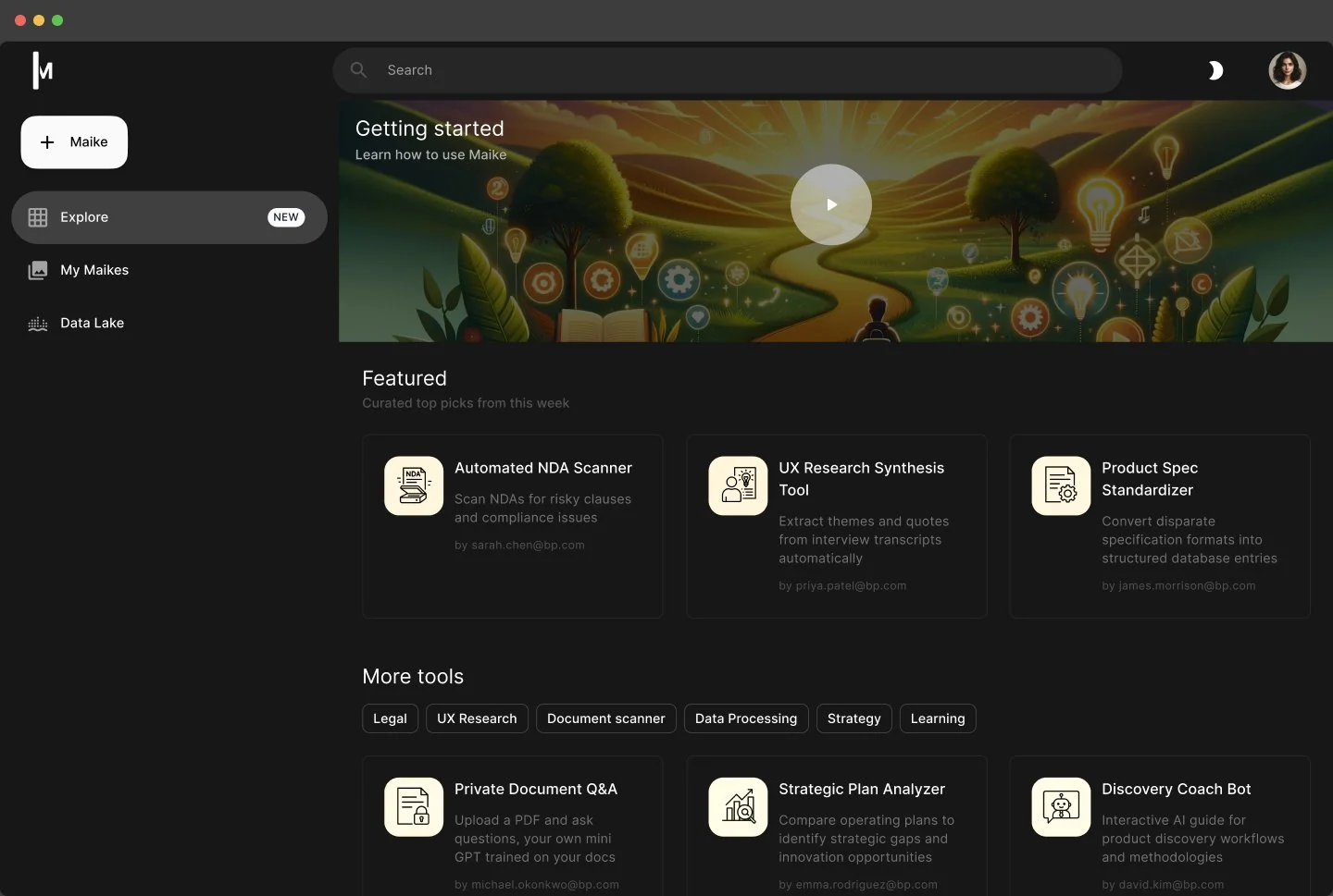Screenshot of a software dashboard with a dark theme, featuring a navigation menu on the left, a search bar at the top, and various tools and features related to data analysis and research, including sections labeled Explore, My Maikes, Data Lake, and tools such as NDA Scanner, UX Research Synthesis Tool, Product Spec Standardizer, Privacy Document Q&A, and others.