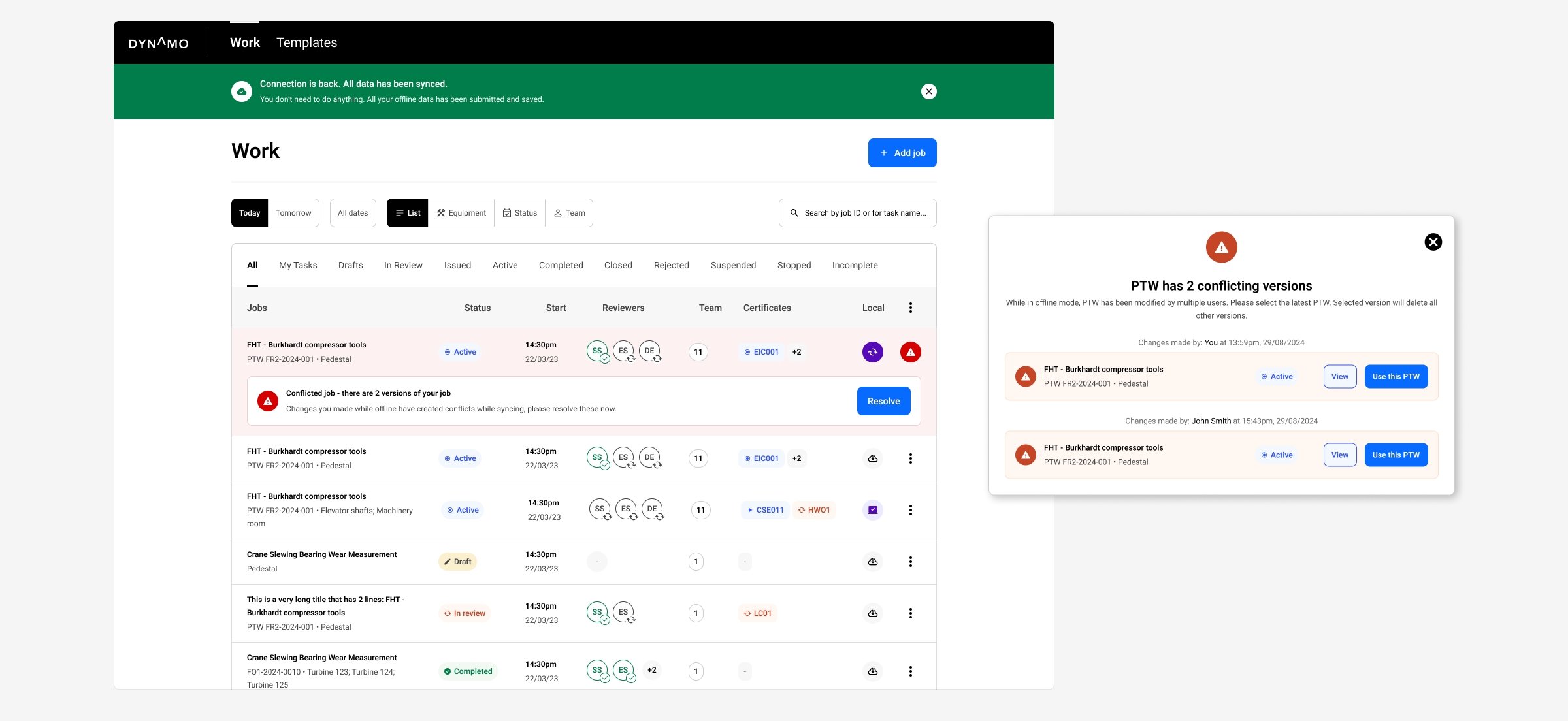 Screenshot of a project management or task tracking software called Dynamo, showing a list of jobs with their status, start time, reviewers, team, certificates, and local options. There is a green notification bar indicating connection is back and data has been synced, with an additional popup highlighting conflicting versions of a job labeled PTW with options to view, resolve or use the PTW.