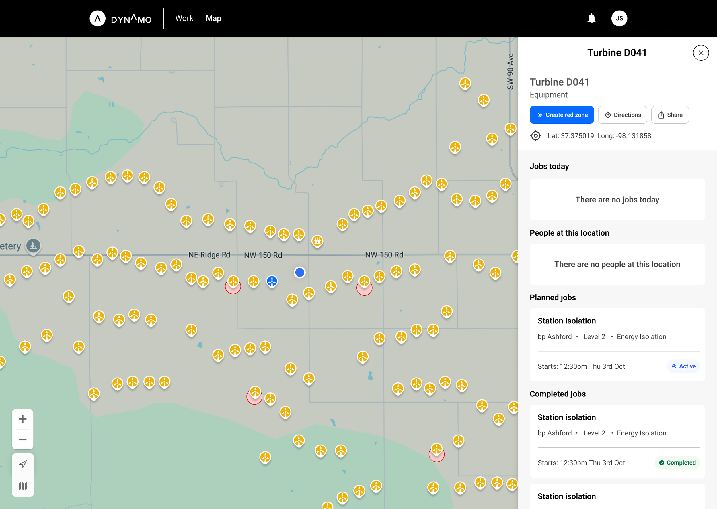 Dynamo desktop interface showing a map view with hundreds of wind turbine icons spread across a Kansas wind farm, with a side panel displaying turbine details, job status, and planned work.