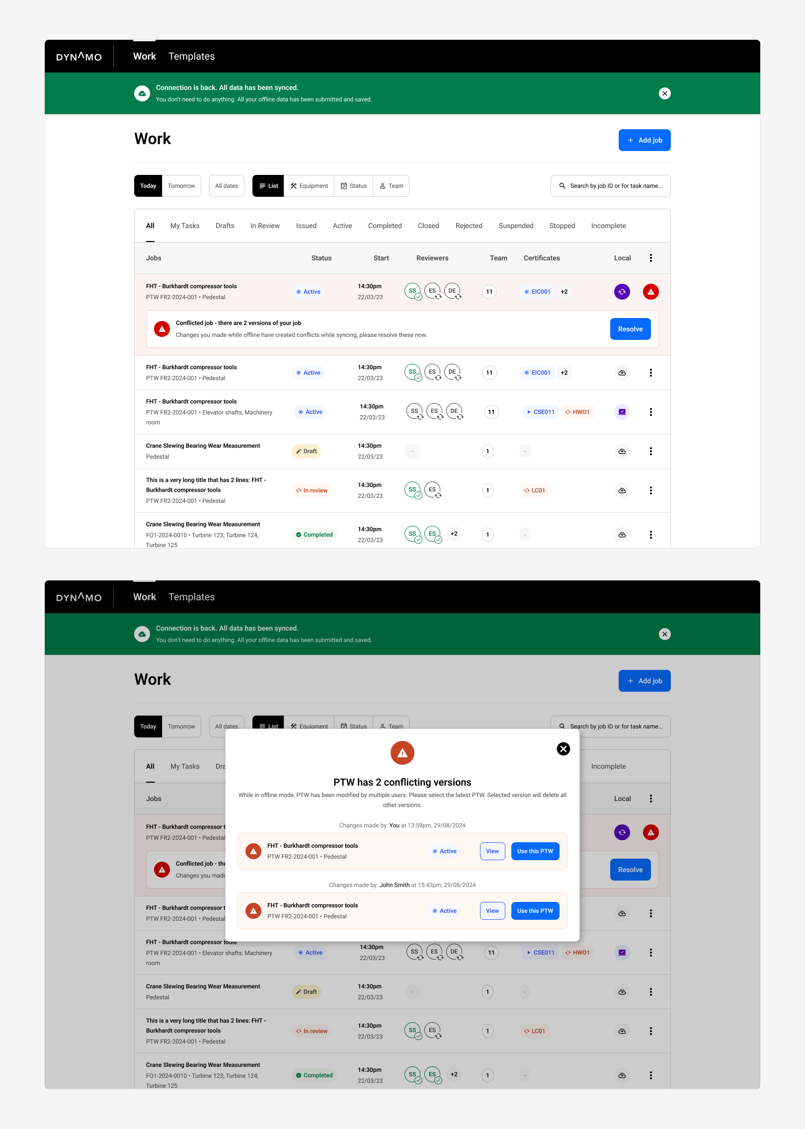 Screenshot of a project management software interface, showing a work task list with various job entries, statuses, review details, and conflict alerts.