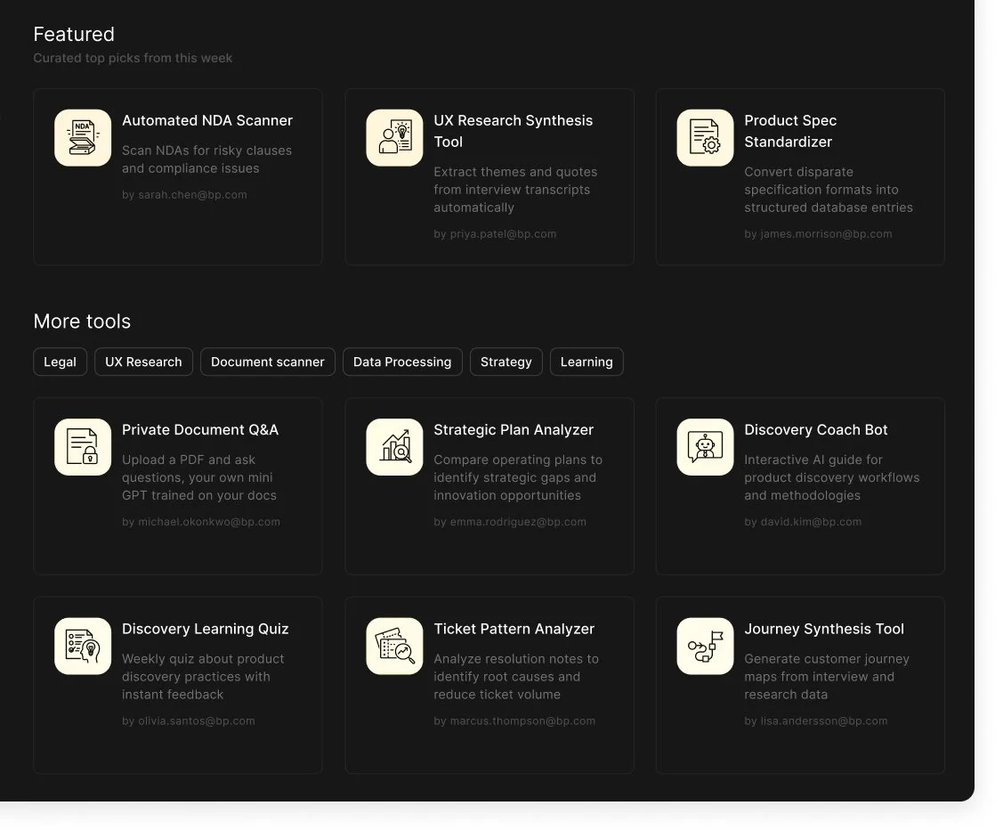 Collection of digital tool icons and descriptions for tools like Automated NDA Scanner, UX Research Synthesis Tool, Product Spec Standardizer, Private Document Q&A, Strategic Plan Analyzer, Discovery Coach Bot, Discovery Learning Quiz, Ticket Pattern Analyzer, and Journey Synthesis Tool. Organized in a grid with labels like 'Featured' and 'More tools'.