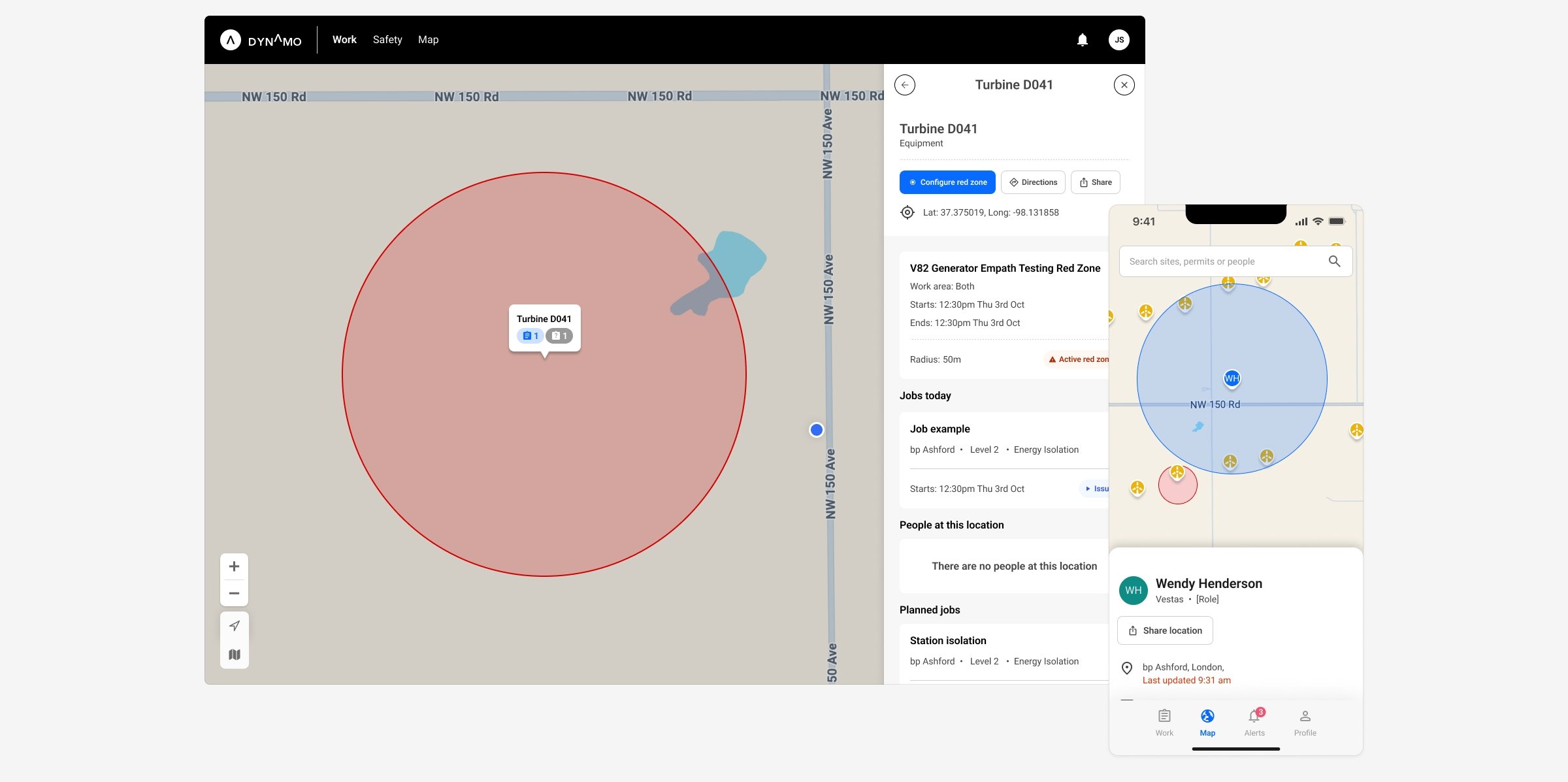 Digital map display showing a large red zone around Turbine D041 with a smaller blue zone around a worker's app location, including details of work zones, jobs, and personnel at a work site.