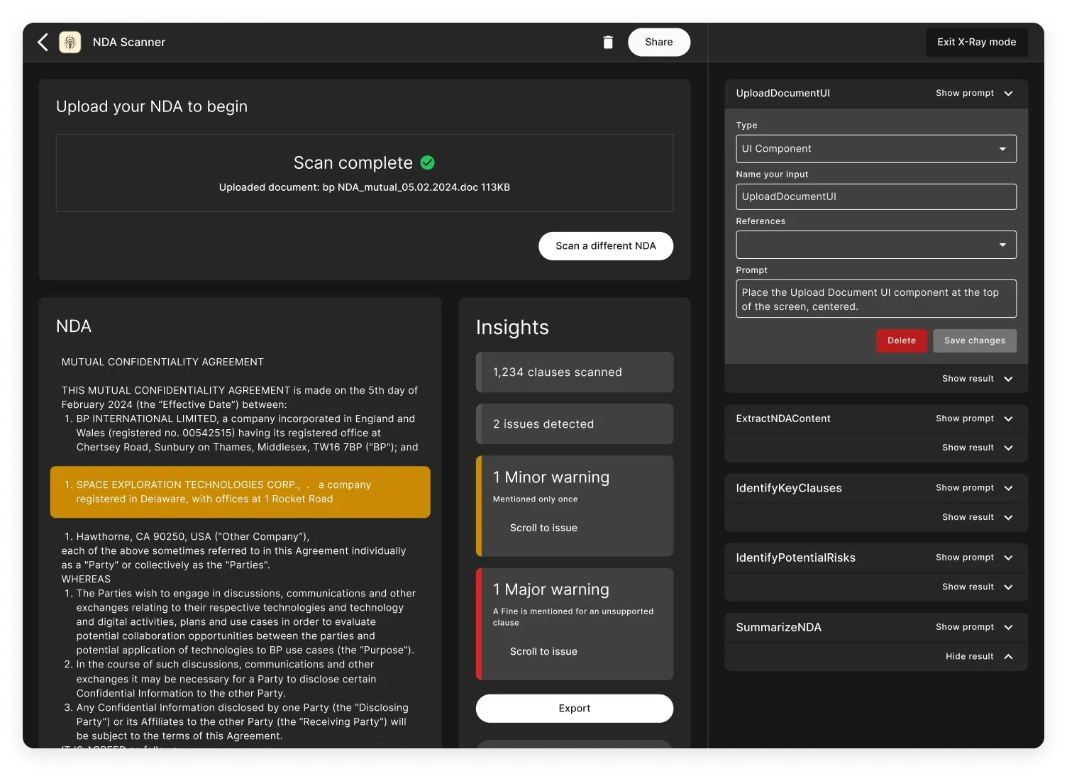 Screenshot of an NDA scanning software interface showing a completed scan, NDA details, insights including scanned clauses and issues detected, and options for managing key clauses and potential risks.