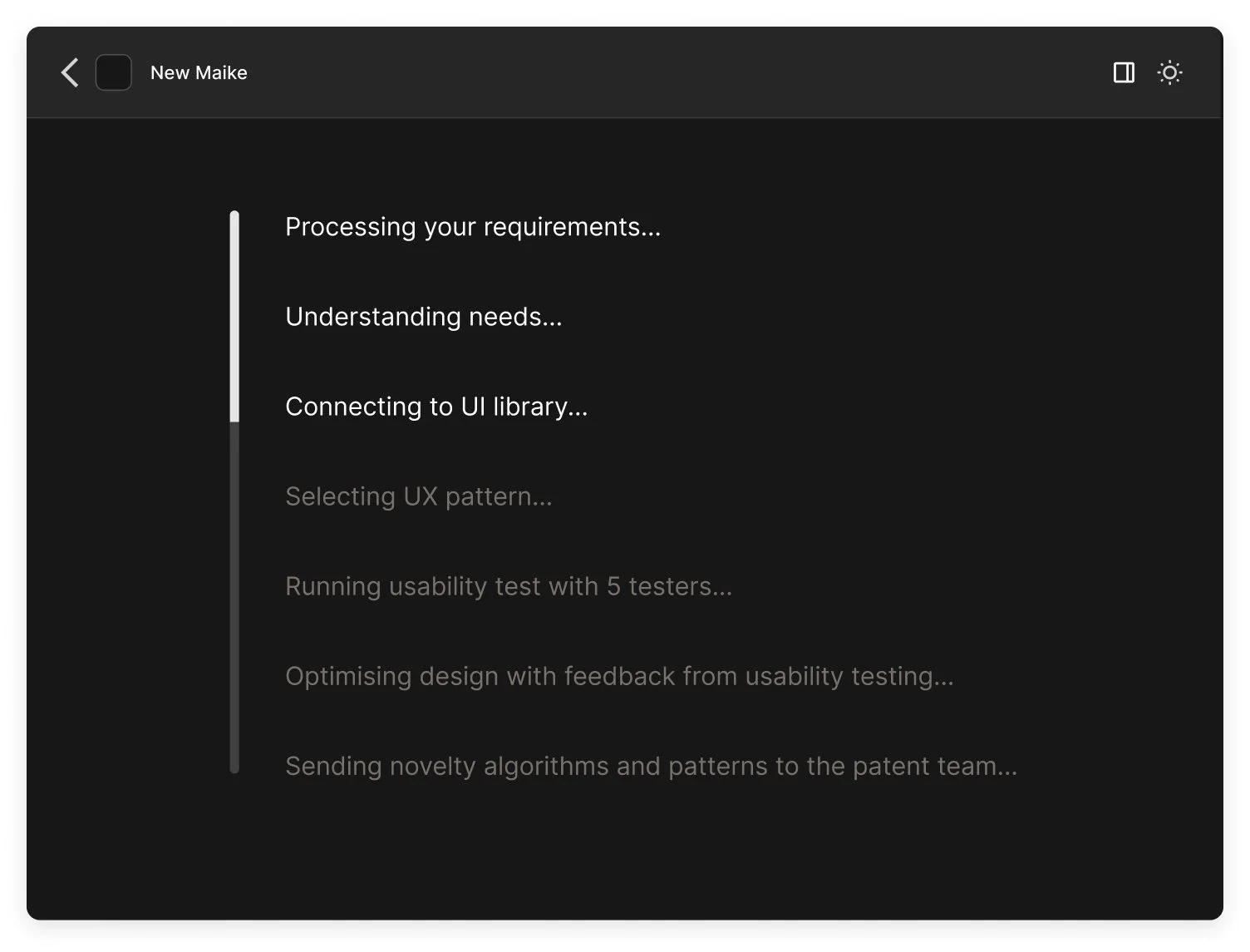 Progress screen displaying steps in a process: Processing requirements, understanding needs, connecting to UI library, selecting UX pattern, running usability test, optimizing design, sending algorithms.