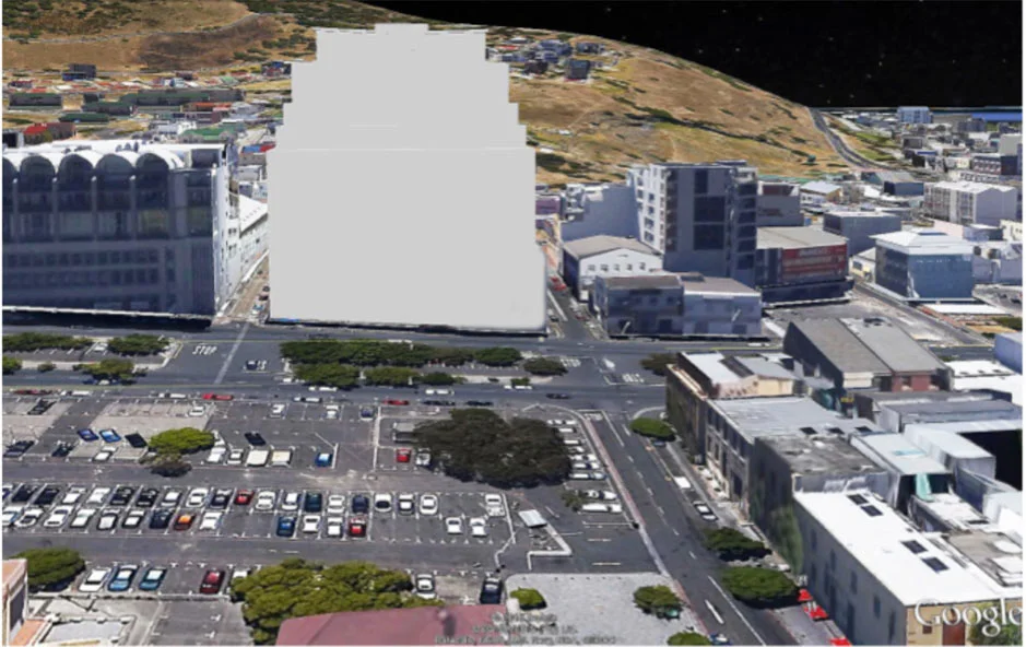 Bird’s Eye View Photo-montage utilizing Google Earth and SketchUp, showing the proposed building (in white in the centre) in its setting, with Riebeeck Square and Heritage Square in the foreground (to the left and right, respectively) (courtesy Wynand Tromp of Rick Brown Architect