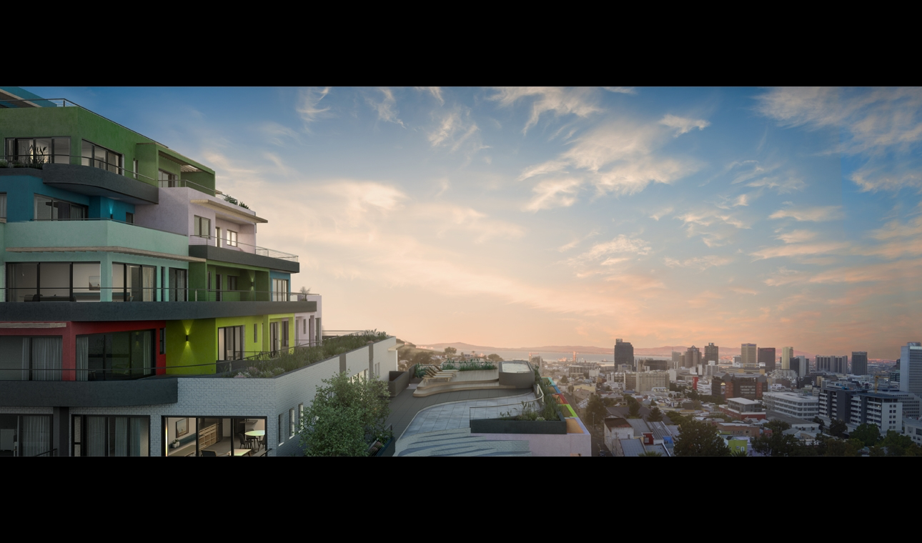 Image from developer's marketing material showing apartments and the swimming pool terrace looking down over neighbouring properties
