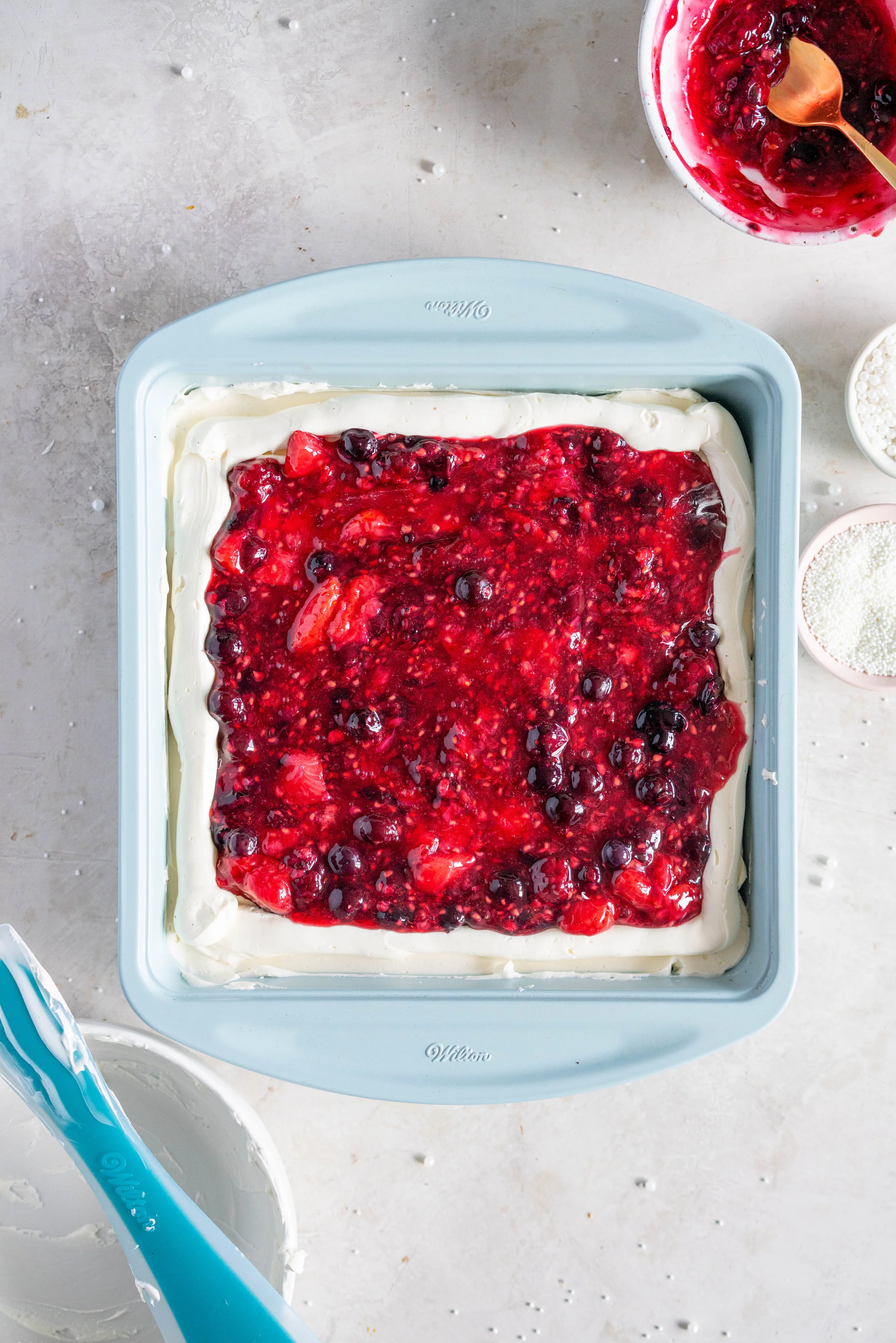 One Bowl Chocolate Sheet Cake with Mixed Berry Filling and Vanilla Bean