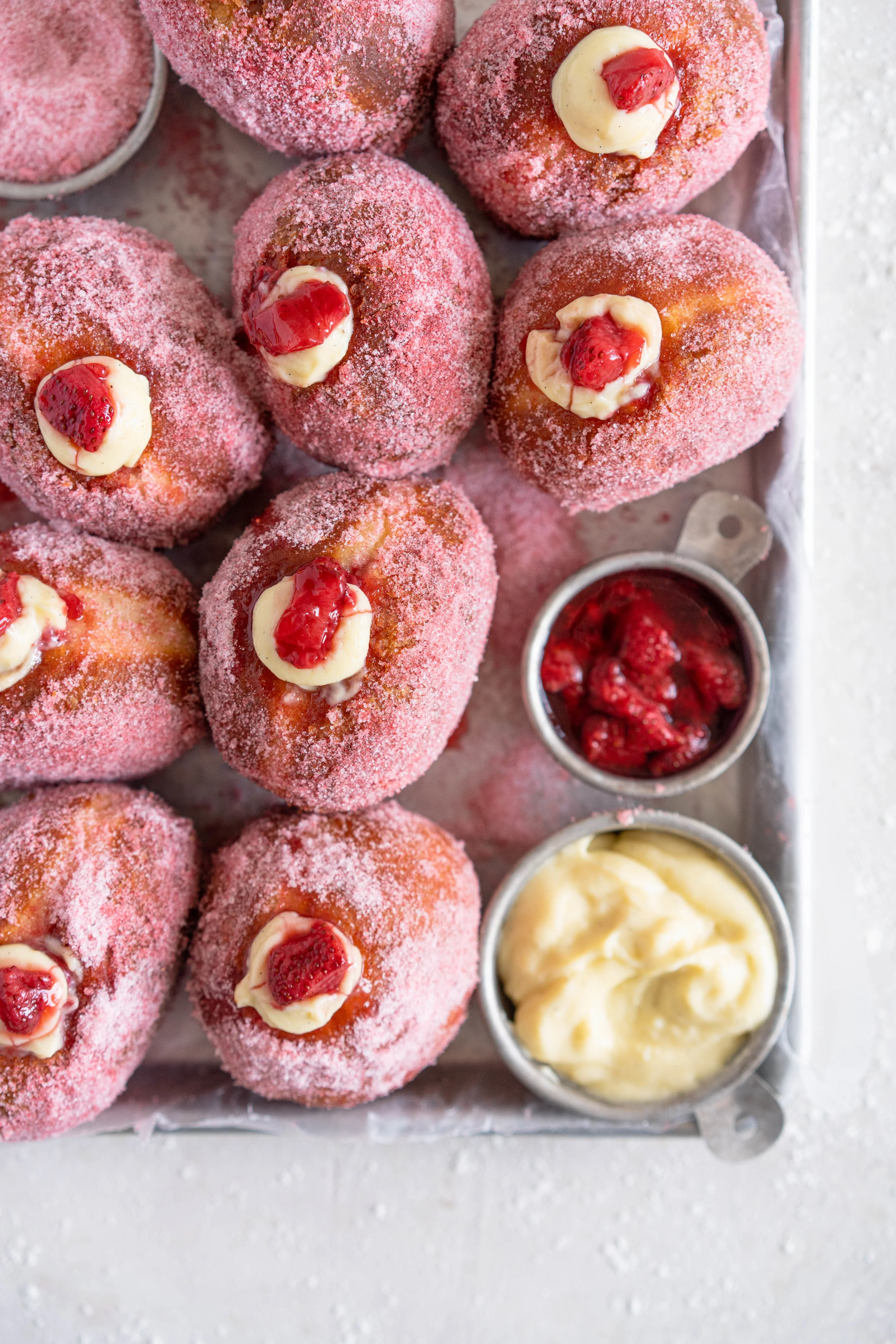 Roasted Strawberry Brioche Doughnuts with Vanilla Bean Pastry Cream and