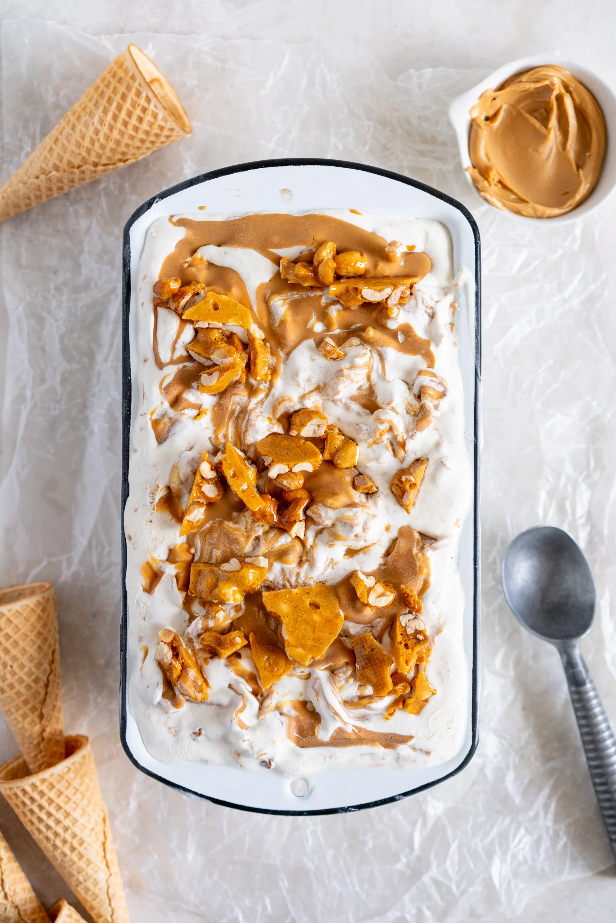 Peanut Butter Ripple Philadelphia Style Ice Cream with Peanut Brittle