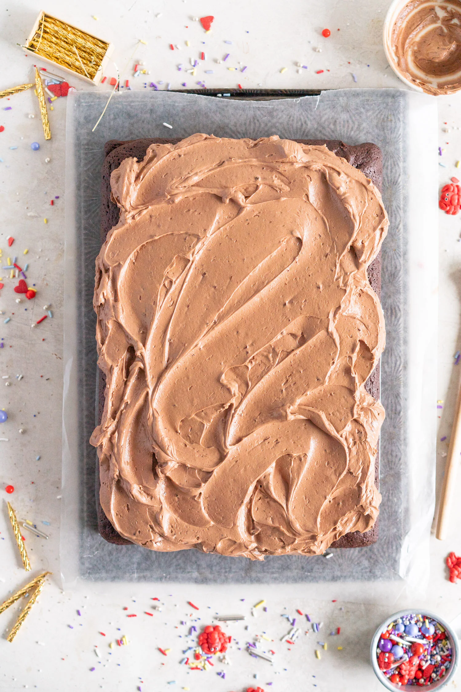 Chocolate Brownie Sheet Cake with Chocolate Hazelnut German Buttercream