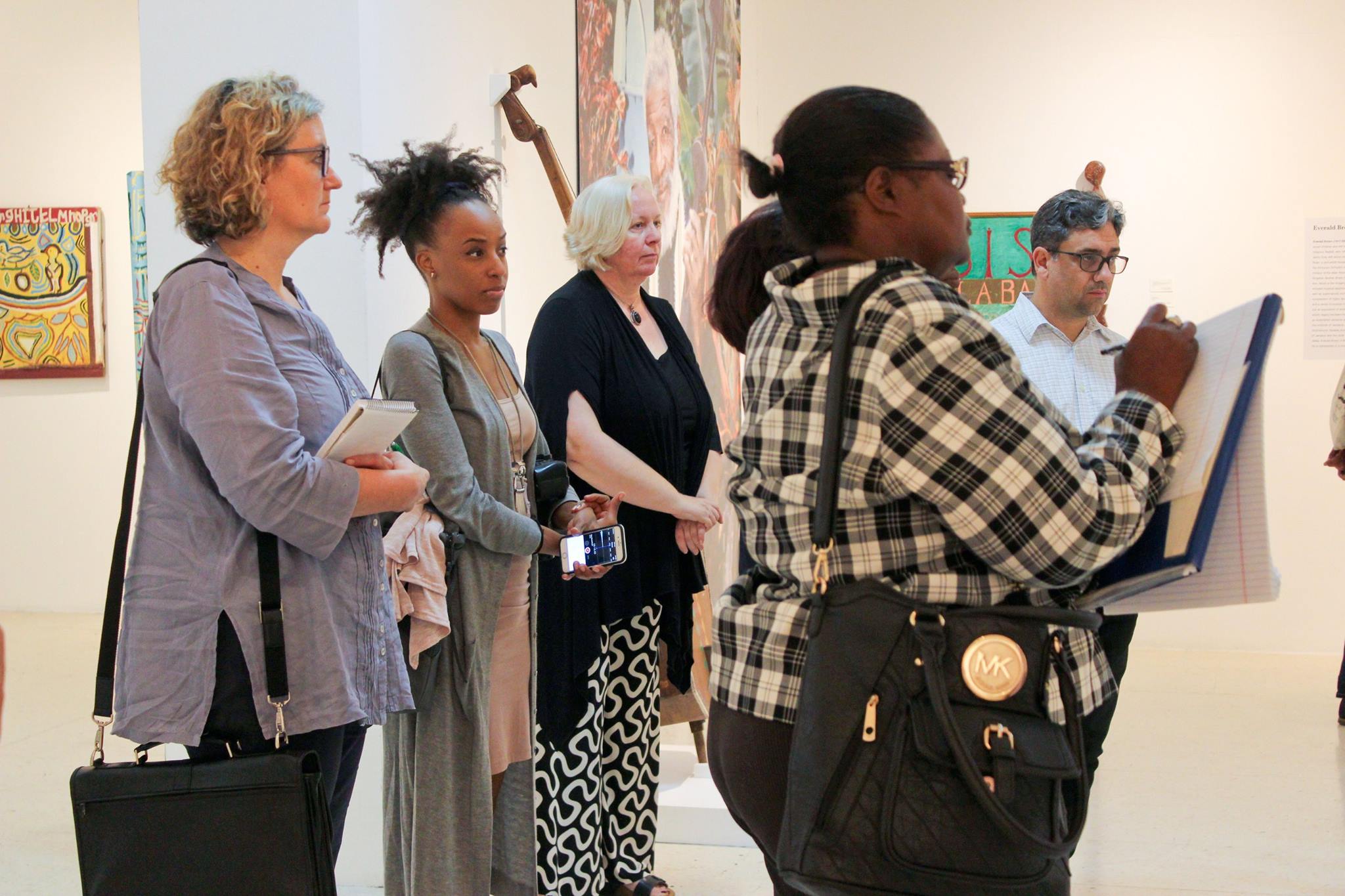‘Creative Journalism Workshop partners, facilitators, and participants visit the National Gallery of Jamaica. From Left: Claire Armitstead, Keisha Oliver, Dr. Veerle Poupeye, Joan Francis and Gean Moreno.