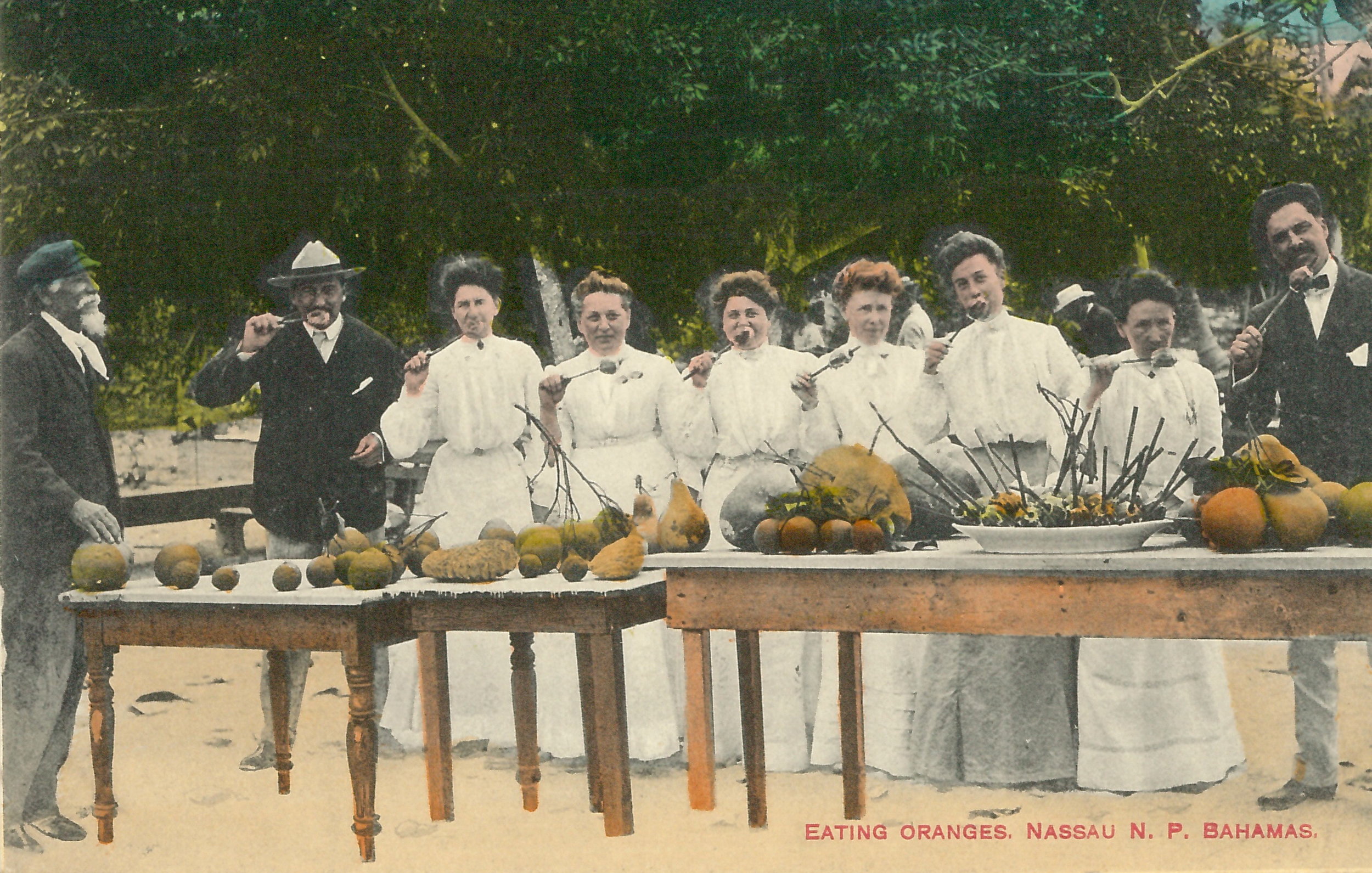James “Doc” Sands, ‘Eating Oranges’ (estimated c.1890-1930), hand painted postcard. “Visitors line up to sample exotic fruit”. Images courtesy of the NAGB. Donated by Stephen Lash.