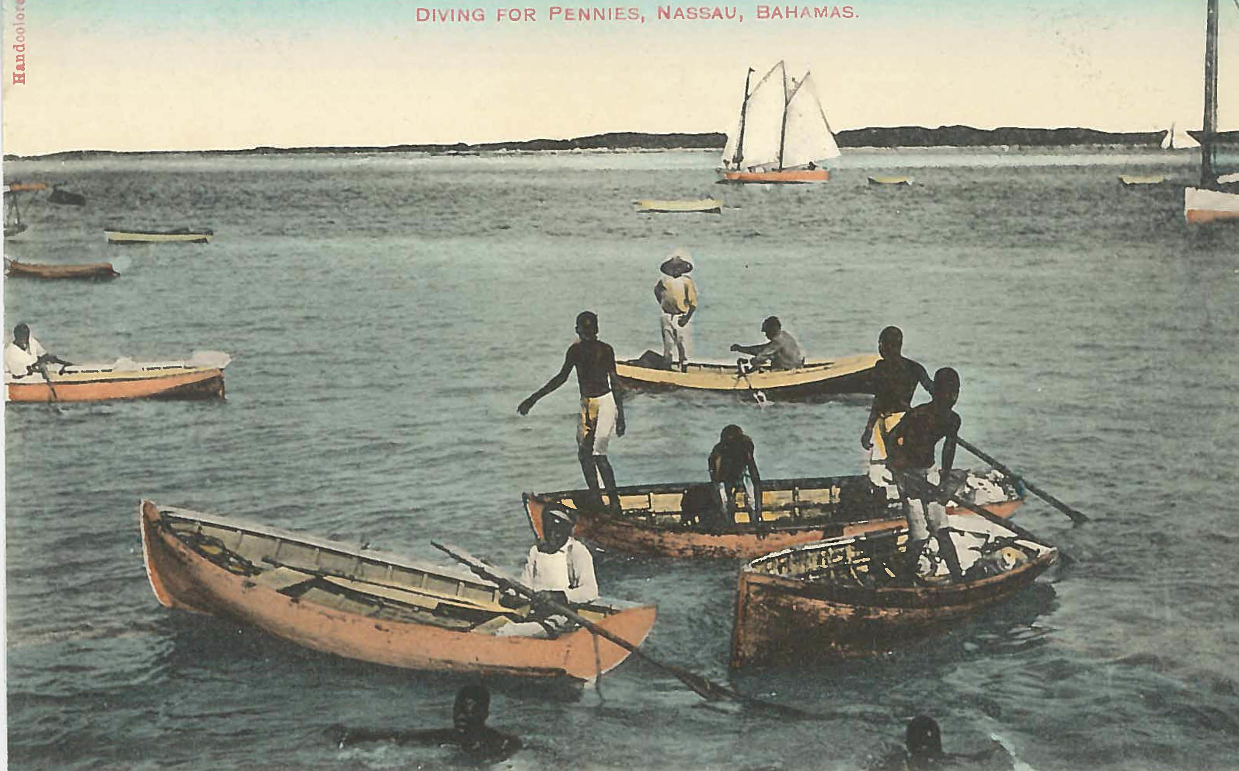 Diving for Pennies’ (estimated c.1870-1930), hand painted colonial era postcard. Photographer unknown. Images courtesy of the NAGB.