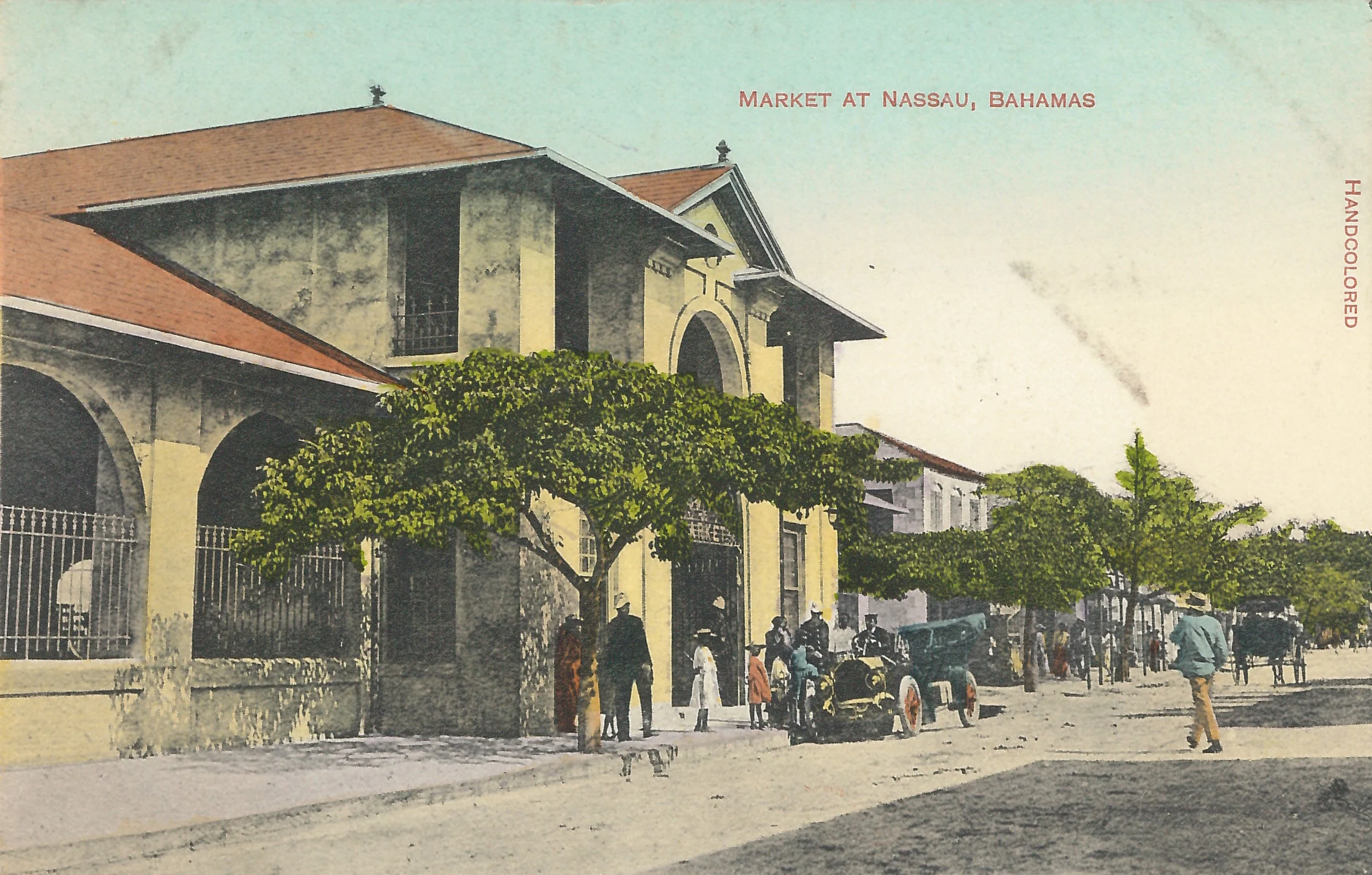 ‘Market At Nassau, Bahamas’ (estimated c.1890-1930). Handcoloured colonial-era postcard by unknown artist. Image courtesy of the NAGB. Part of the National Collection. 