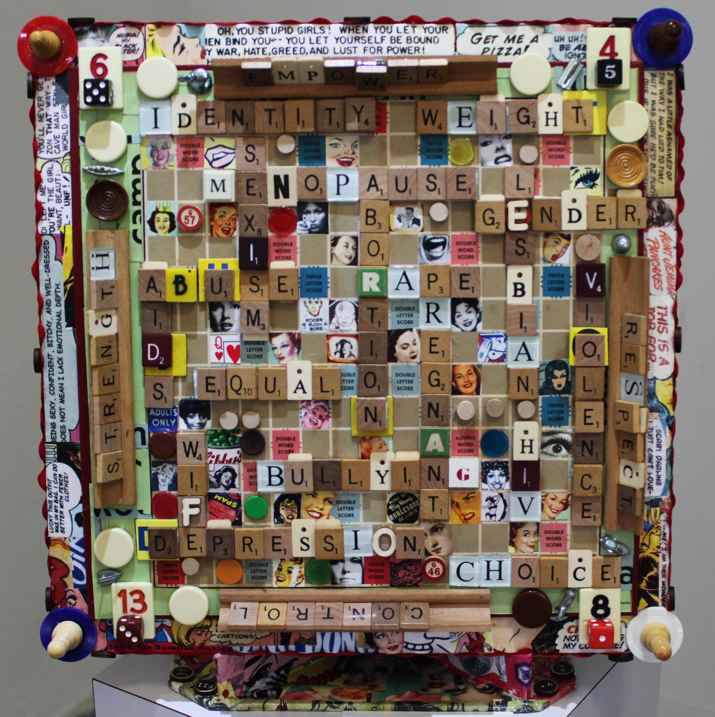 Sue Katz-Lightbourn, ‘Grown Up Scrabble’ (2016), scrabble board, scrabble tiles, found objects, collage, 18 x 18. 