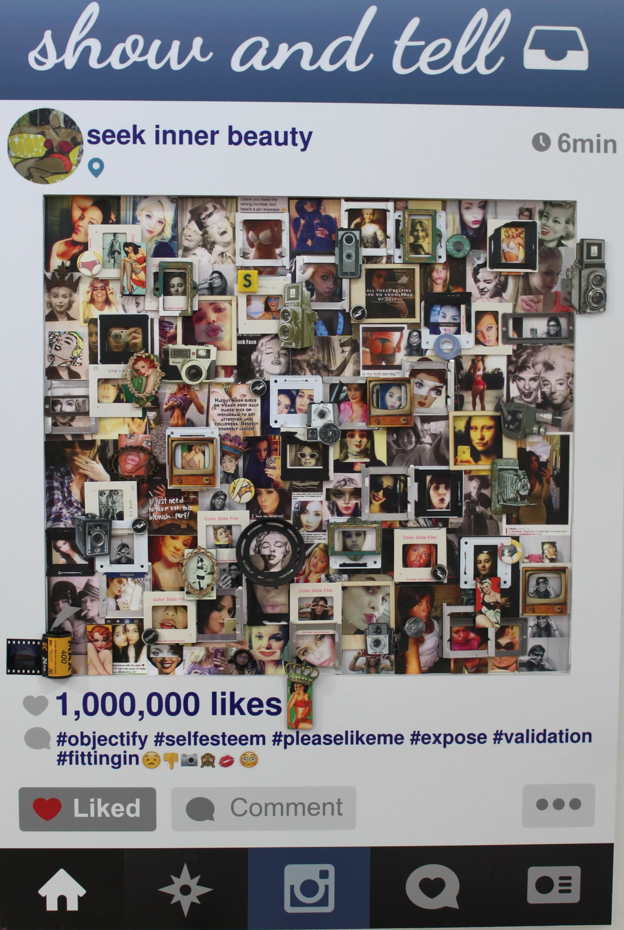 Sue Katz-Lightbourn, ‘Say Cheese!’ (2016), custom instagram board, photos, found objects, 3 1/2 x 2’.