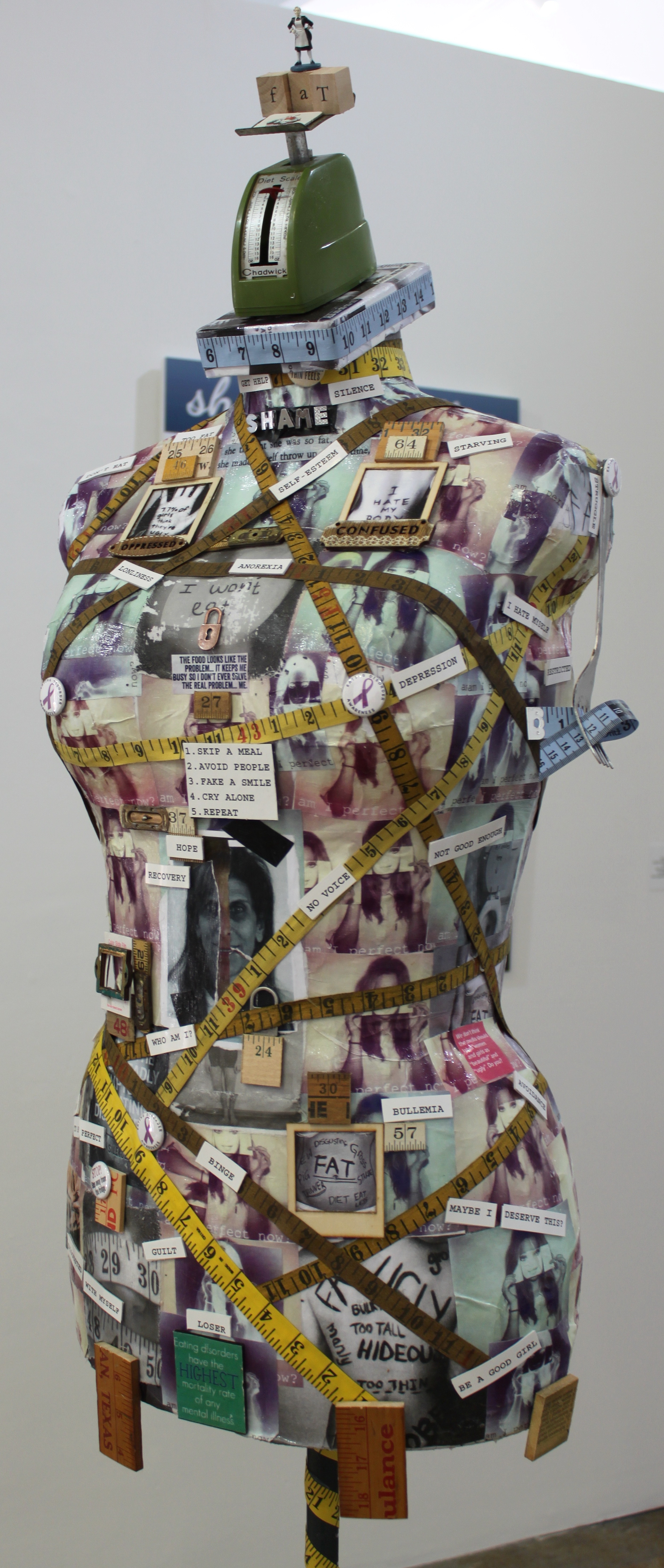 Sue Katz-Lightbourn, ‘Silence and Shame’ (2016), measuring tape, photos, frames, dressmakers form, 5 x 3’.