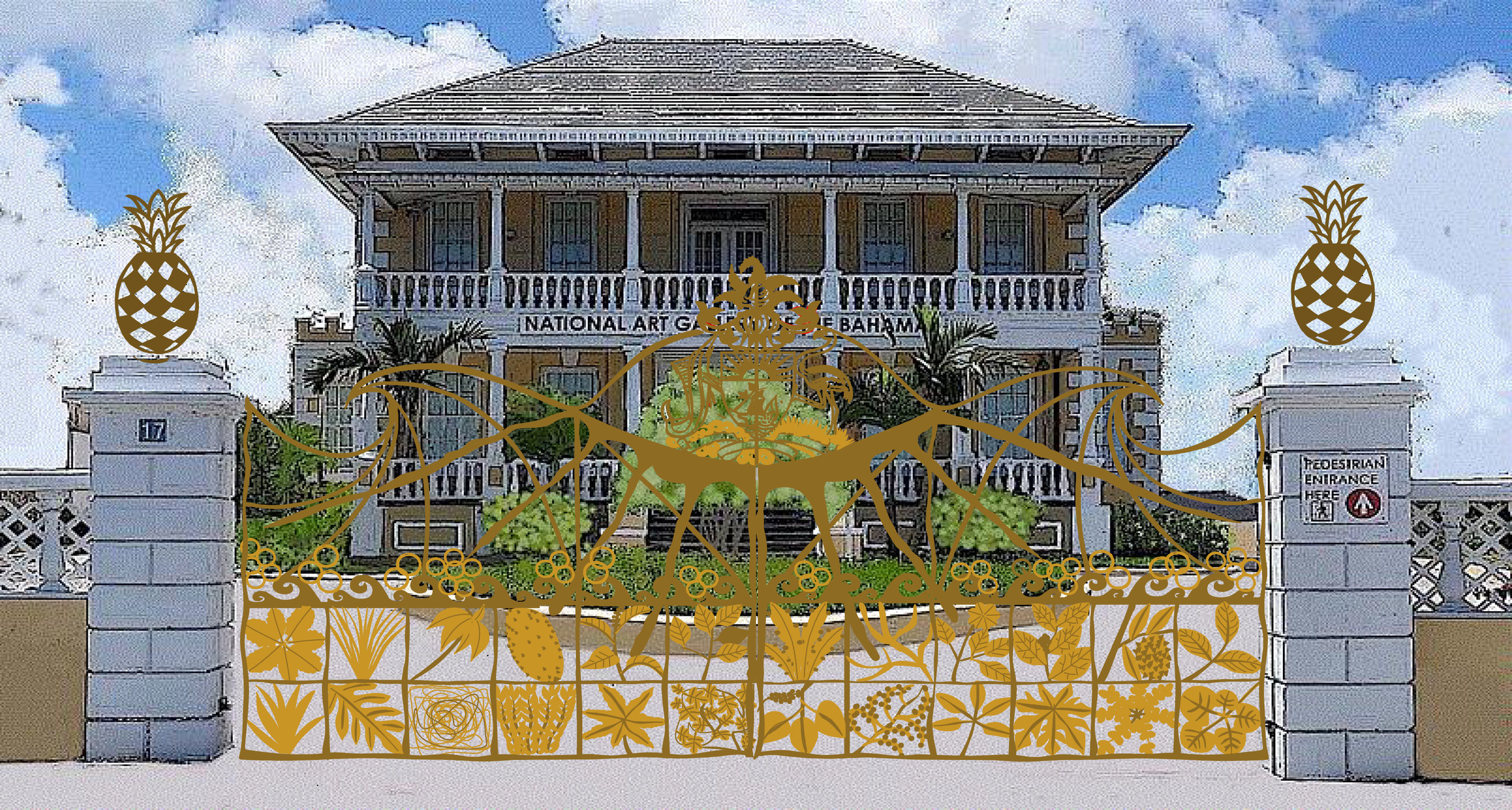 1. Model of the Gates Commission for the National Art Gallery of The Bahamas, by Tyrone Ferguson, with Villa Doyle in the background. Model courtesy of Tyrone Ferguson.