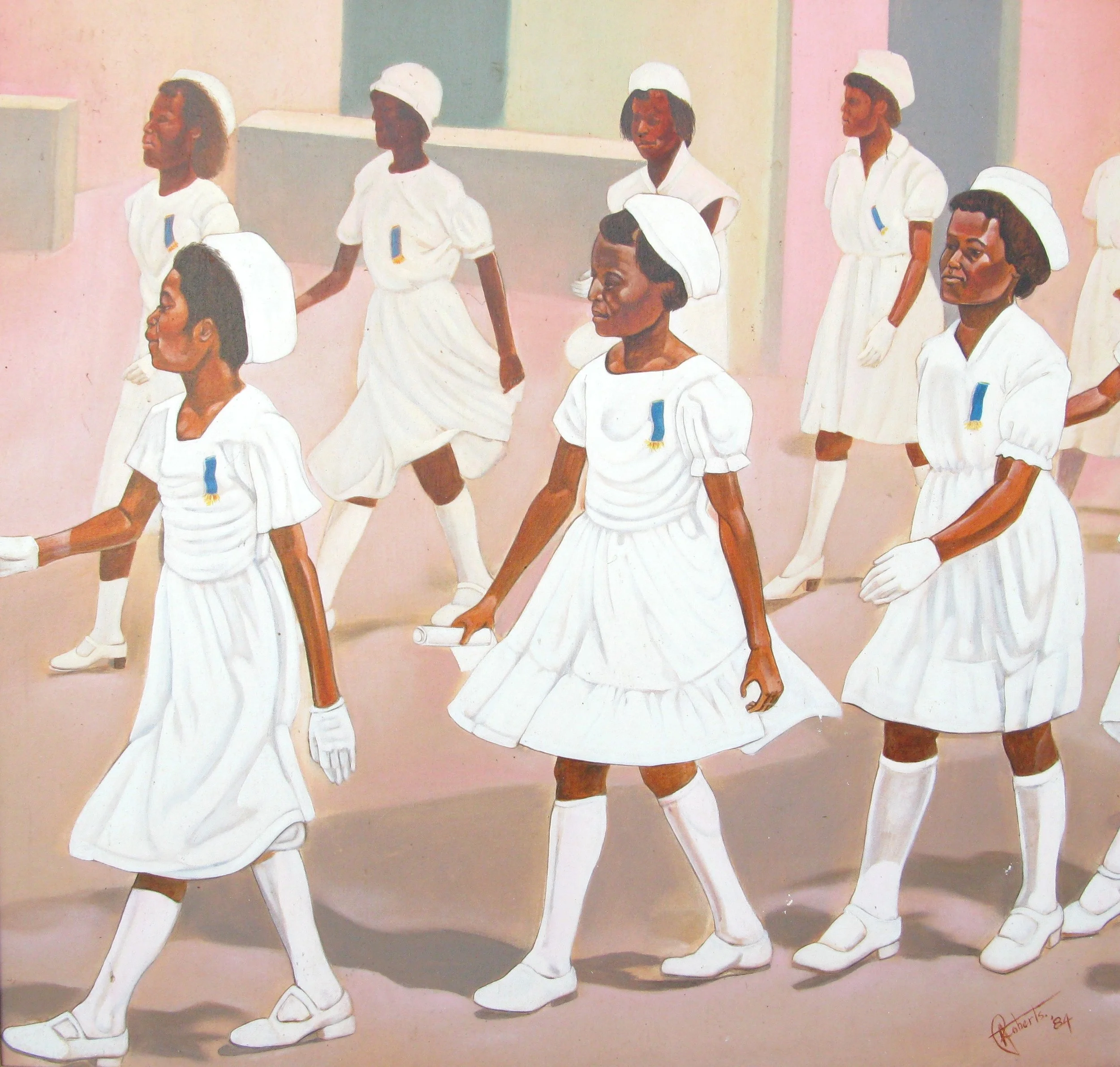Antonius Roberts. Procession of Females in White Uniforms, 1984, Oil on canvas, 41 x 43 in. This image is a part of the NAGB National Collection.