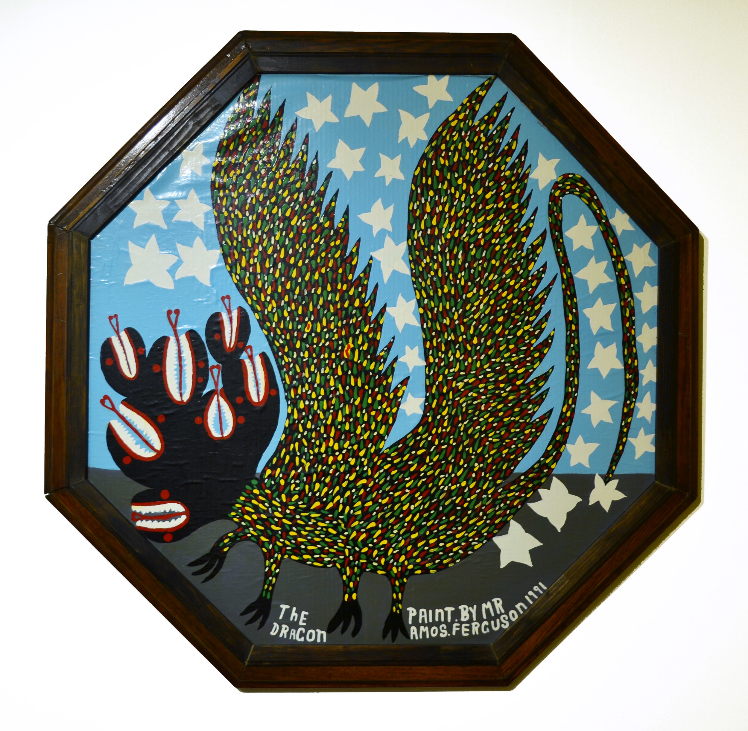 “The Dragon” (1991), Amos Ferguson, house paint on board, 36” diameter, The National Collection (Donated by the Ministry of Tourism). Image courtesy of the NAGB.