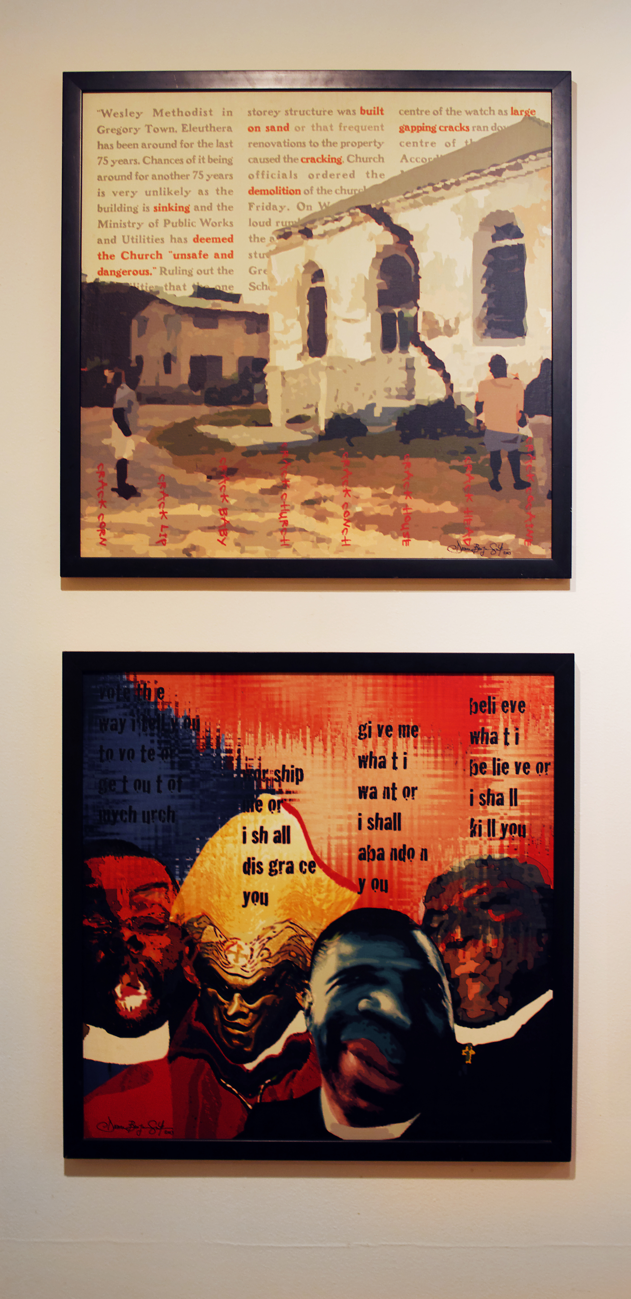 Installation view of “Built on Sand” (2003) and "Bishops, bishops everywhere and not a drop to drink" (2003) by Dionne Benjamin Smith. Part of the National Collection. 