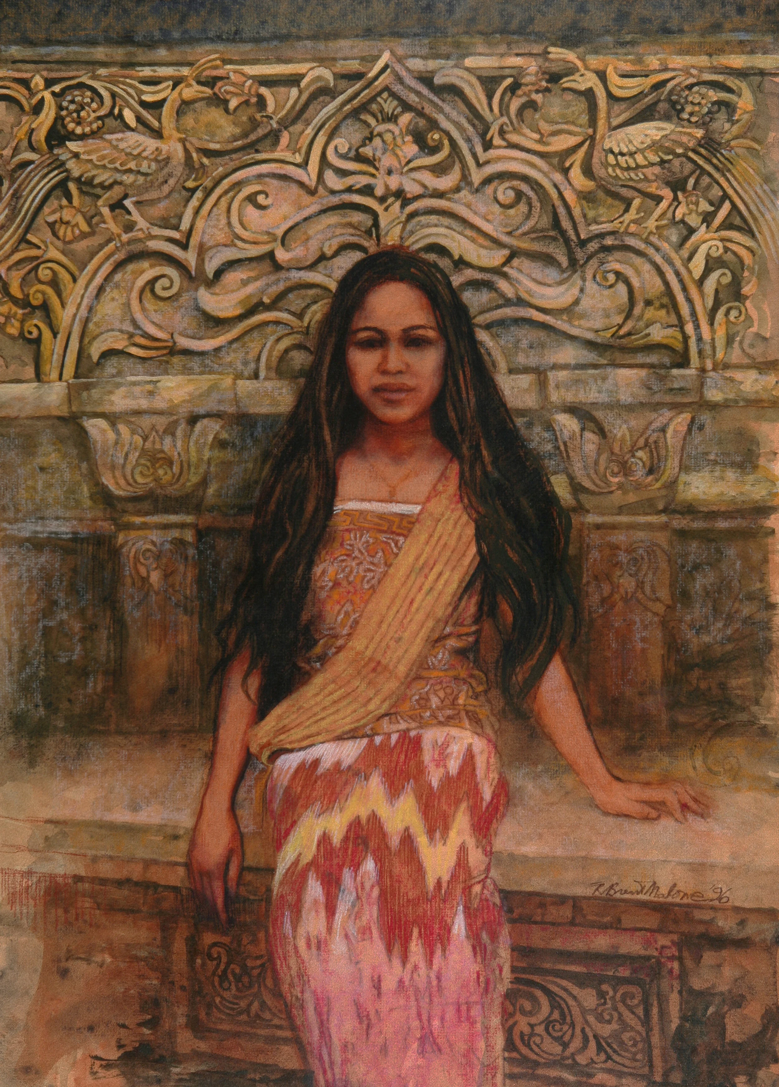 “Bali Girl with Scarf” (1996), R. Brent Malone, watercolour on paper, 29 ½ x 21. Part of the Dawn Davies Collection.